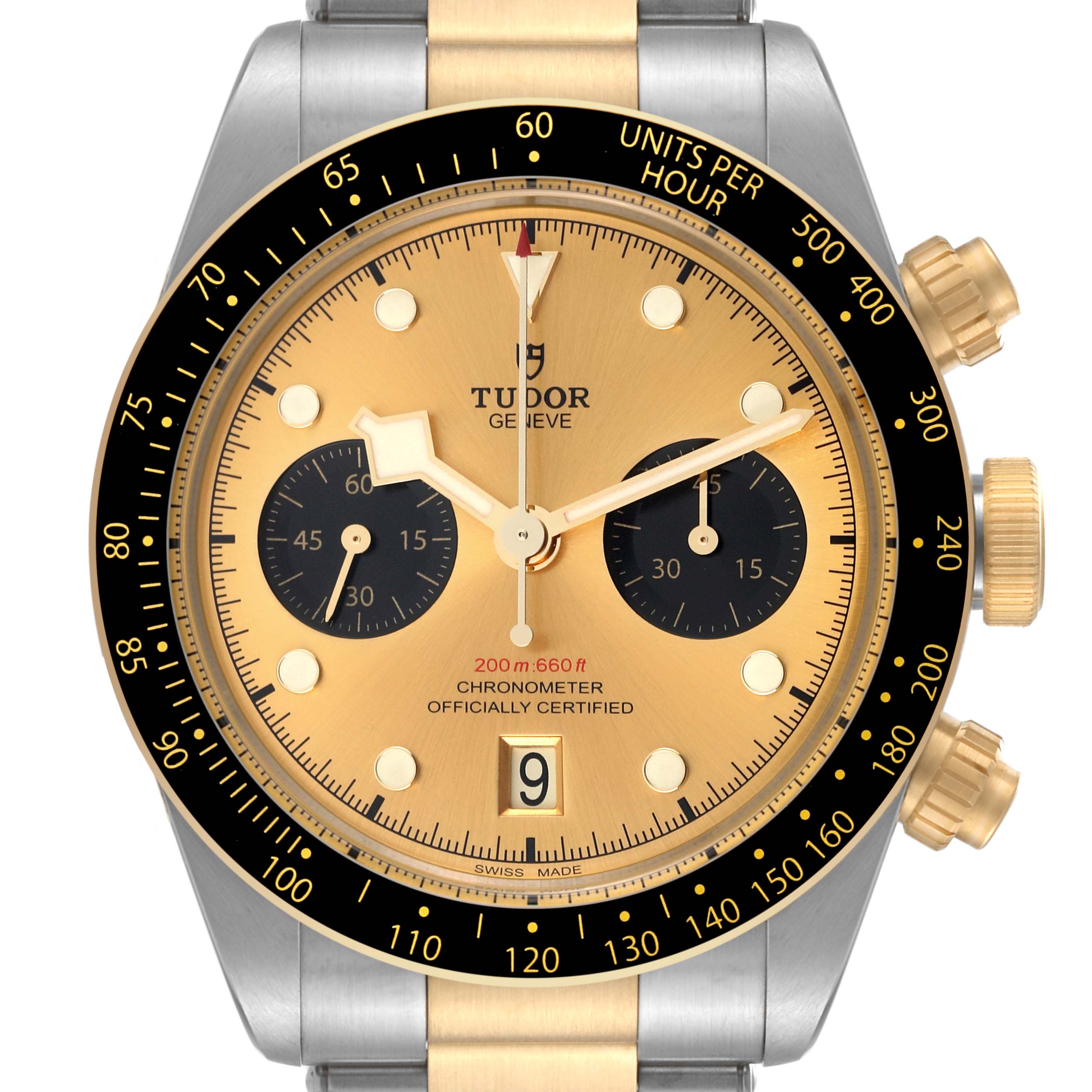The image shows a close-up front view of the Tudor Heritage Black Bay 79363 Men's Steel and Gold (two tone) Champagne Dial 79363 Men's Steel and Gold (two tone) Champagne Dial watch, focusing on its dial and bezel.