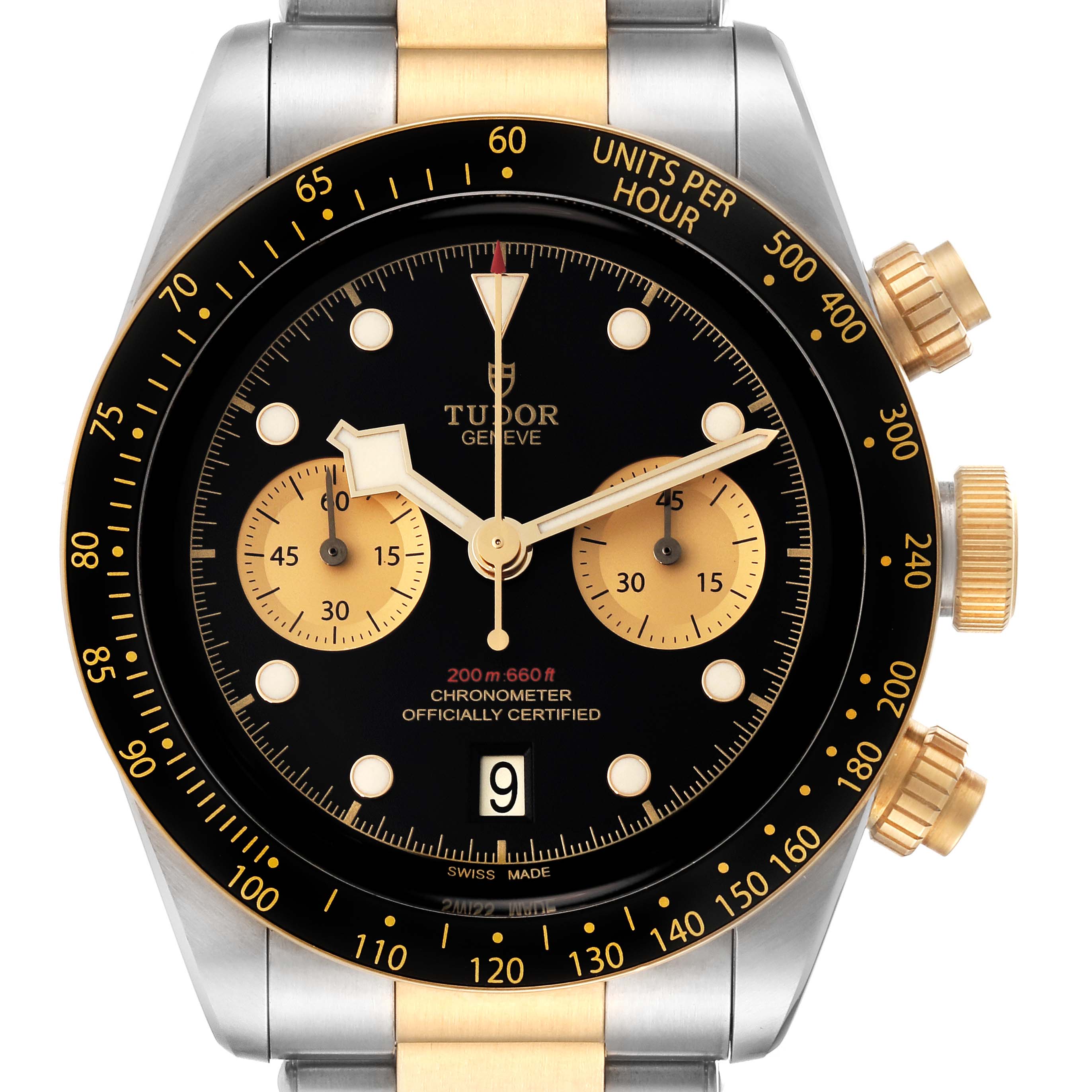 The image shows a close-up front view of the Tudor Heritage Black Bay 79363N Men's Steel and Gold (two tone) Black Dial 79363N Men's Steel and Gold (two tone) Black Dial watch face, including the bezel, dial, and pushers.