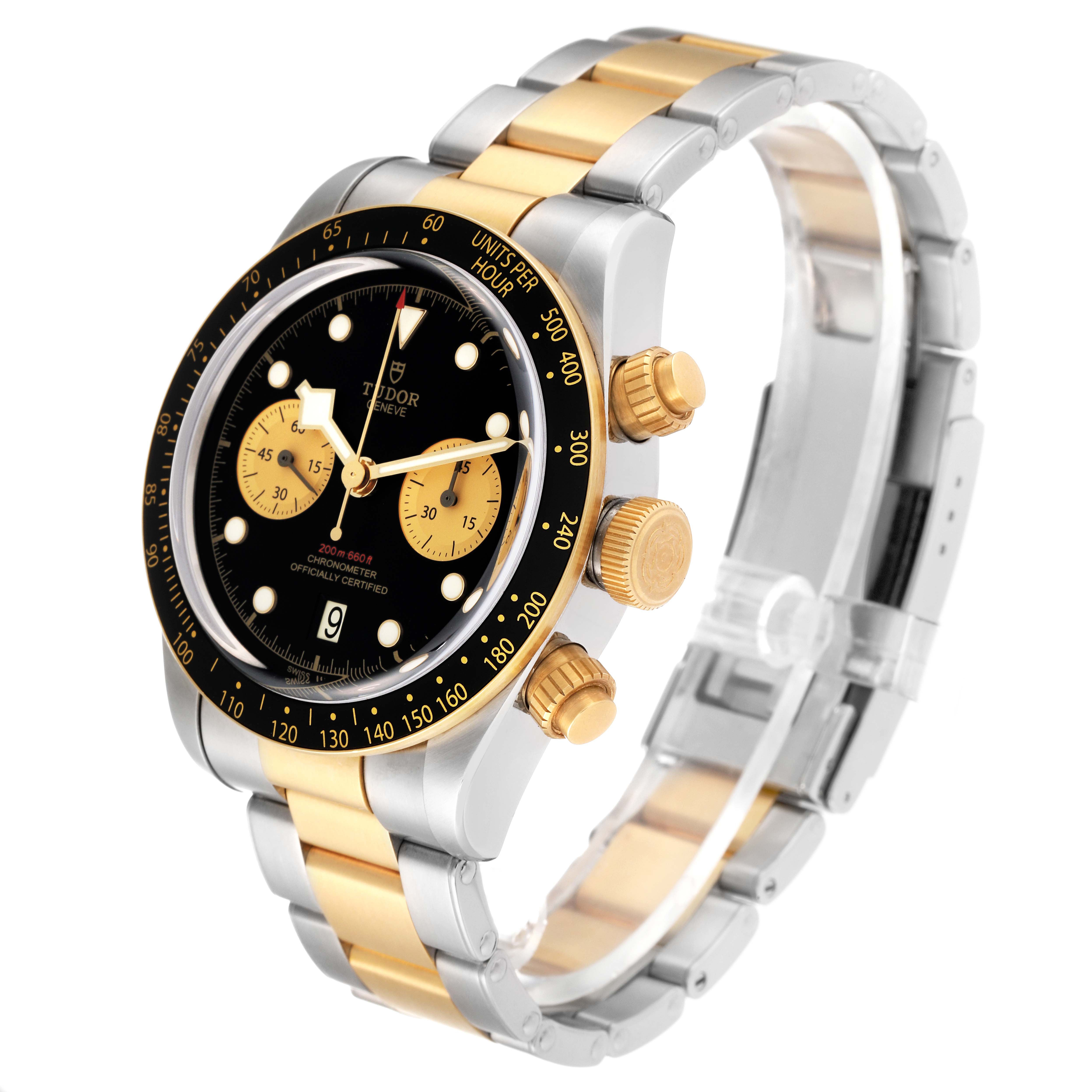 The image shows a Tudor Heritage Black Bay 79363N Men's Steel and Gold (two tone) Black Dial 79363N Men's Steel and Gold (two tone) Black Dial watch at an angled view, highlighting its black dial, gold accents, and two-tone bracelet.