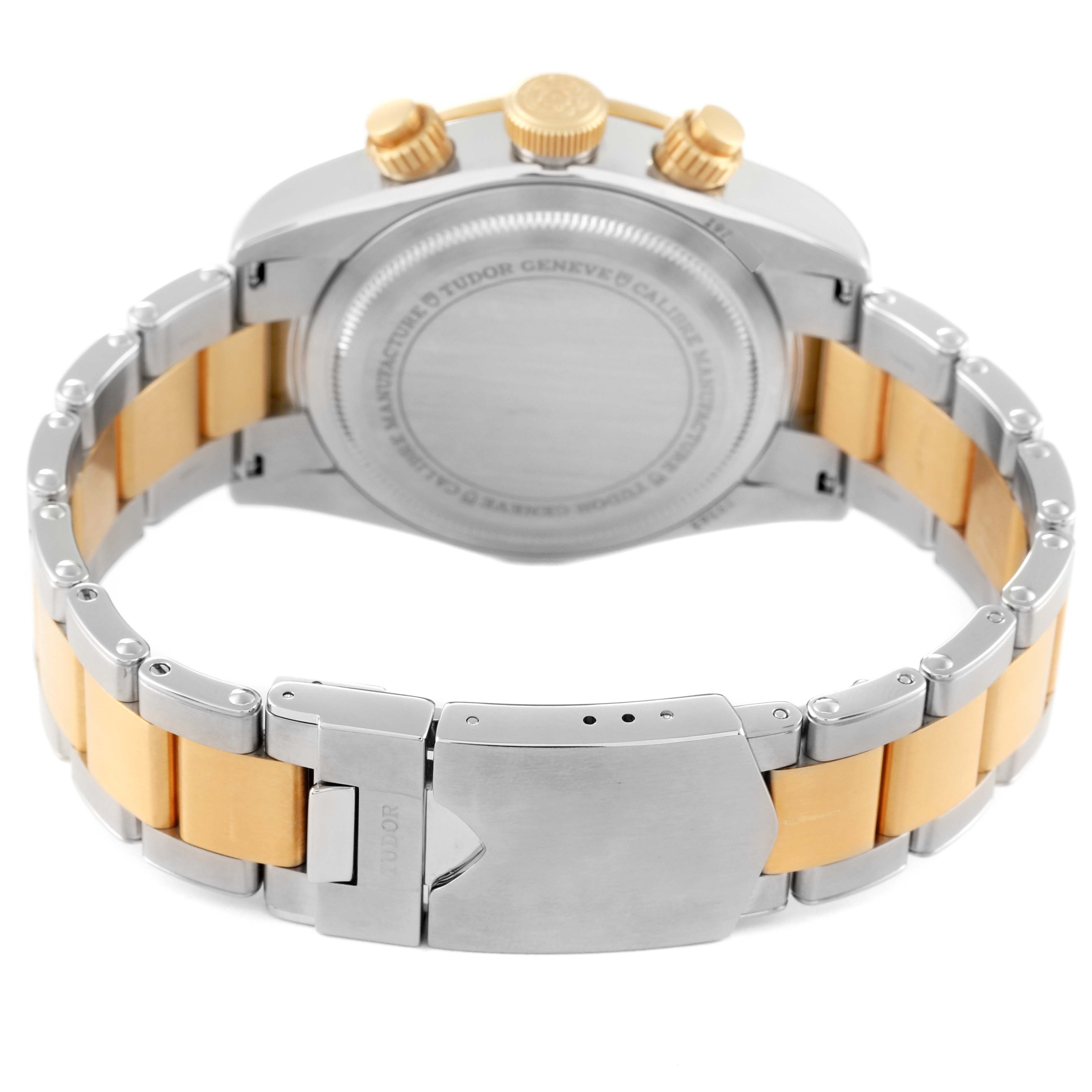 The image shows the back casing and bracelet of the Tudor Heritage Black Bay 79363N Men's Steel and Gold (two tone) Black Dial 79363N Men's Steel and Gold (two tone) Black Dial watch at an angle focused on the clasp and crown.