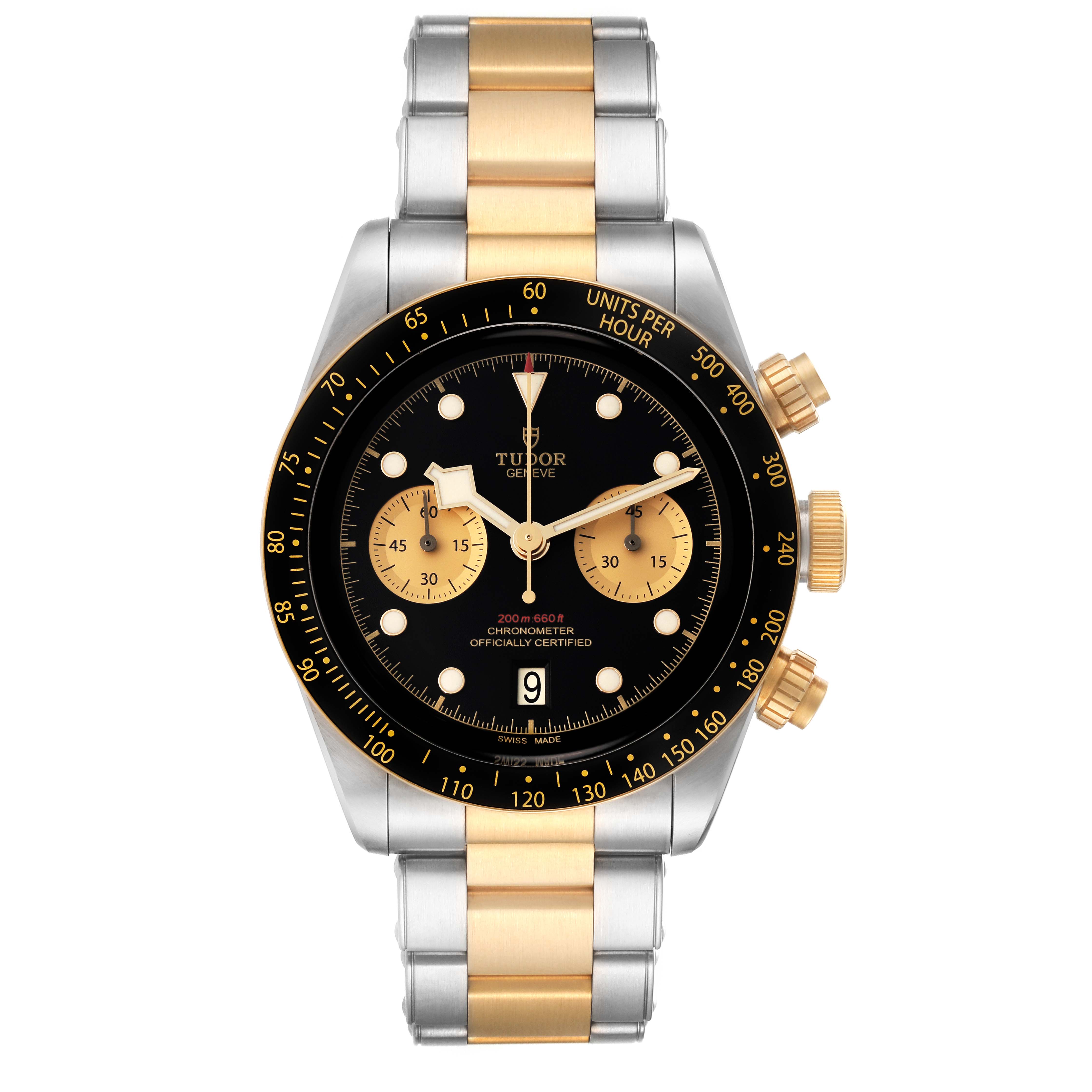 The image shows a front view of the Tudor Heritage Black Bay 79363N Men's Steel and Gold (two tone) Black Dial 79363N Men's Steel and Gold (two tone) Black Dial watch, highlighting its gold and silver bracelet, black dial, and chronograph features.