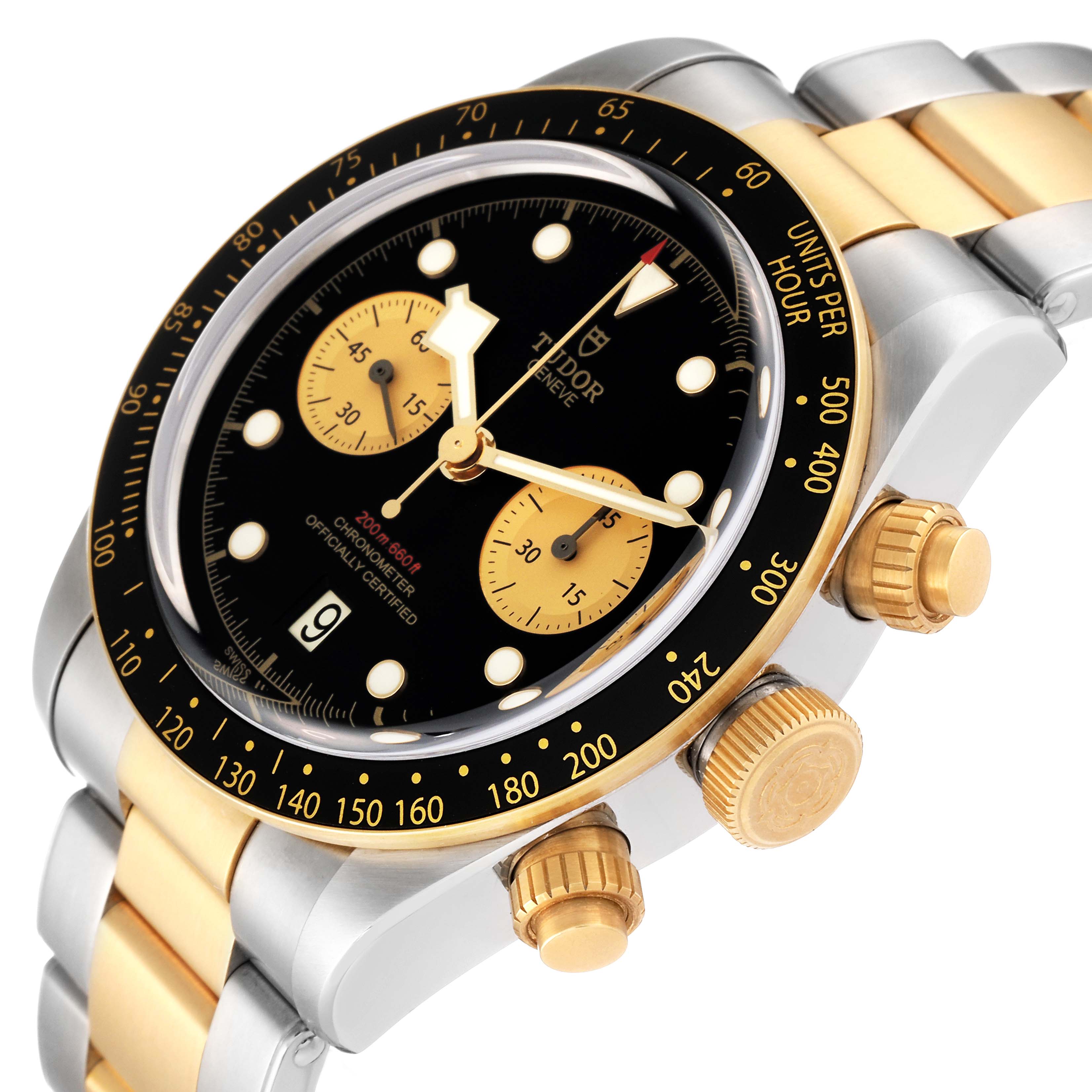 The image shows a Tudor Heritage Black Bay 79363N Men's Steel and Gold (two tone) Black Dial 79363N Men's Steel and Gold (two tone) Black Dial watch at an angle highlighting its black dial, gold subdials, bezel, and two-tone bracelet.