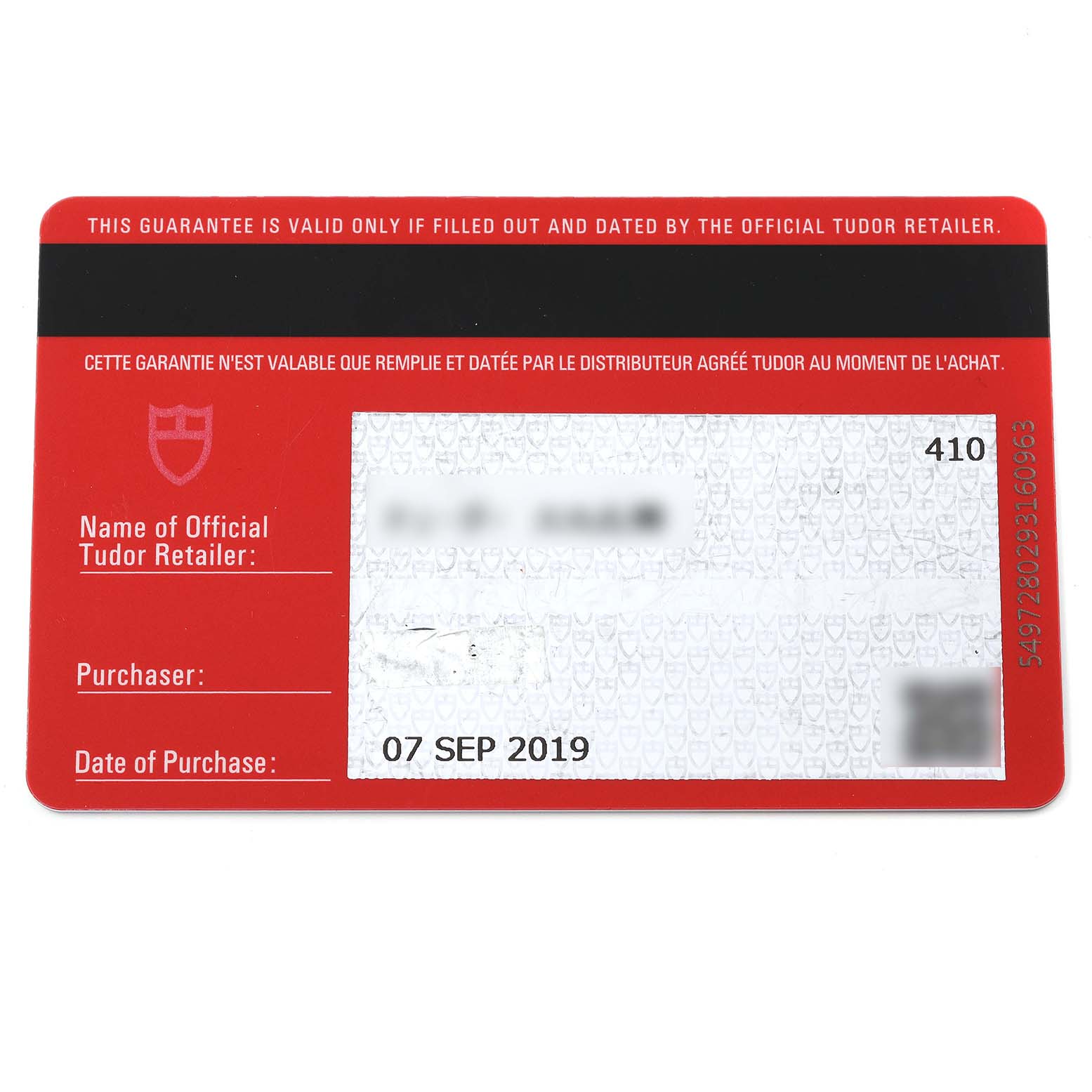 This image shows the warranty card for the Heritage Black Bay model by Tudor.