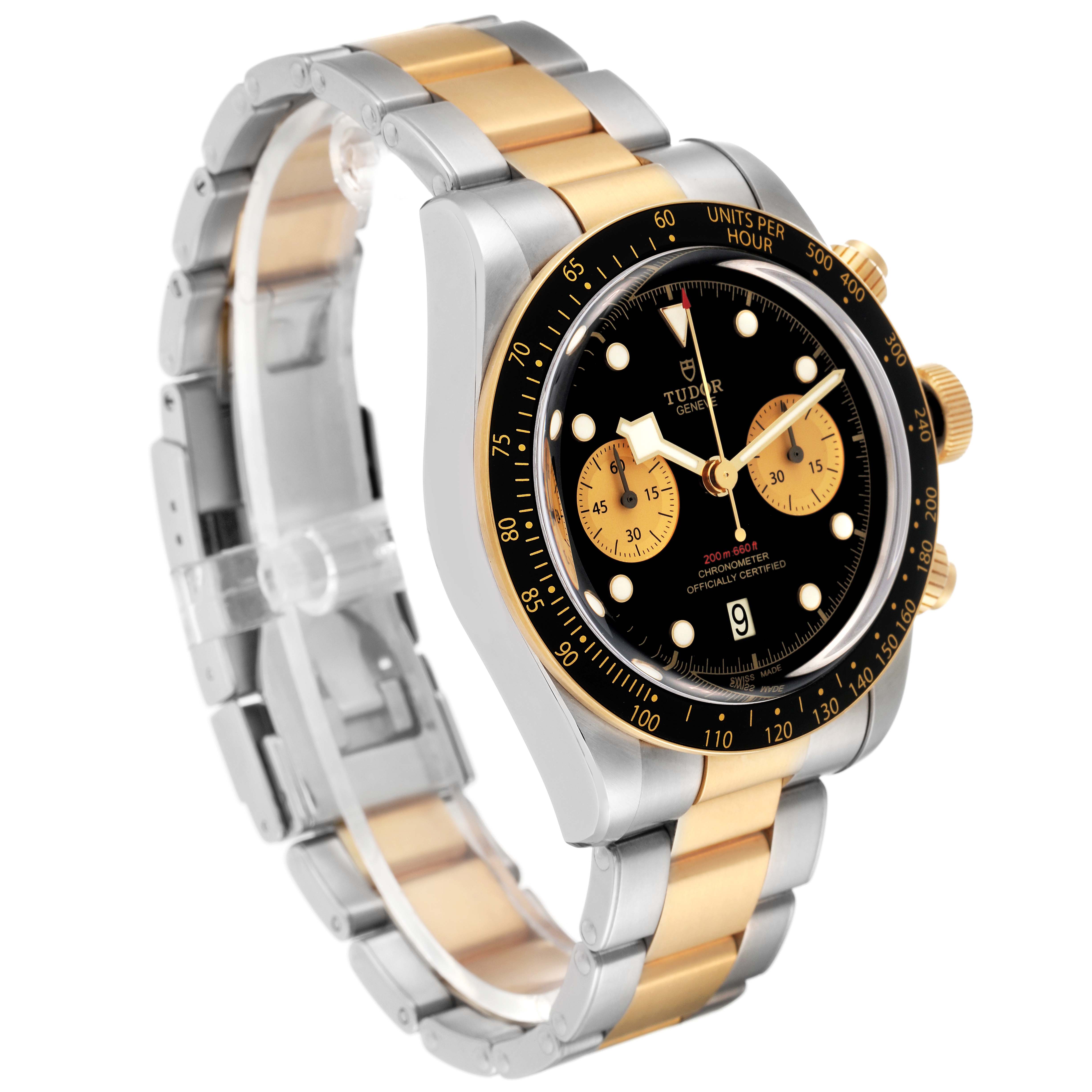 This image shows a Tudor Heritage Black Bay 79363N Men's Steel and Gold (two tone) Black Dial 79363N Men's Steel and Gold (two tone) Black Dial watch at a three-quarter angle, highlighting its two-tone bracelet, dial, and bezel.