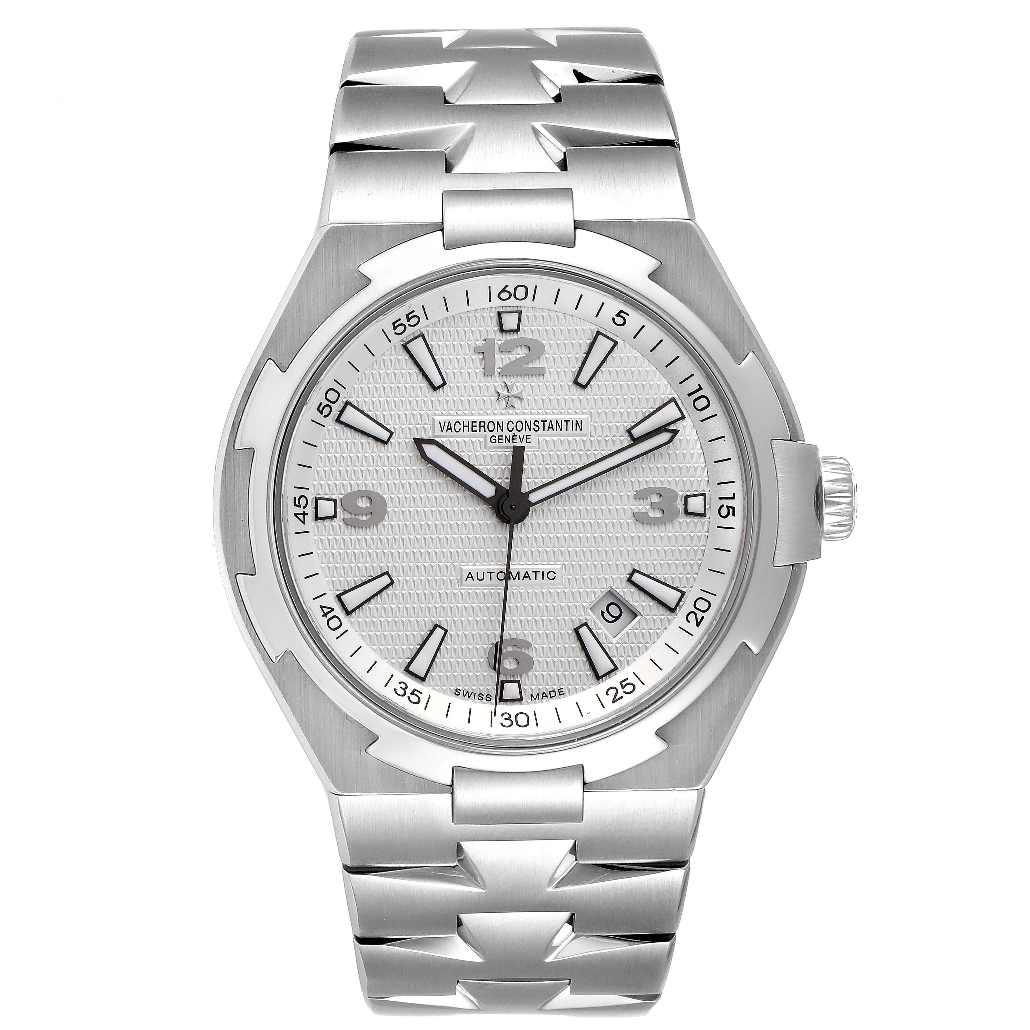 The image shows a Vacheron Constantin Overseas 47040B01A-9093 Men's Stainless Steel Silver Dial 47040B01A-9093 Men's Stainless Steel Silver Dial model watch from a front angle, displaying the entire dial and stainless steel bracelet.