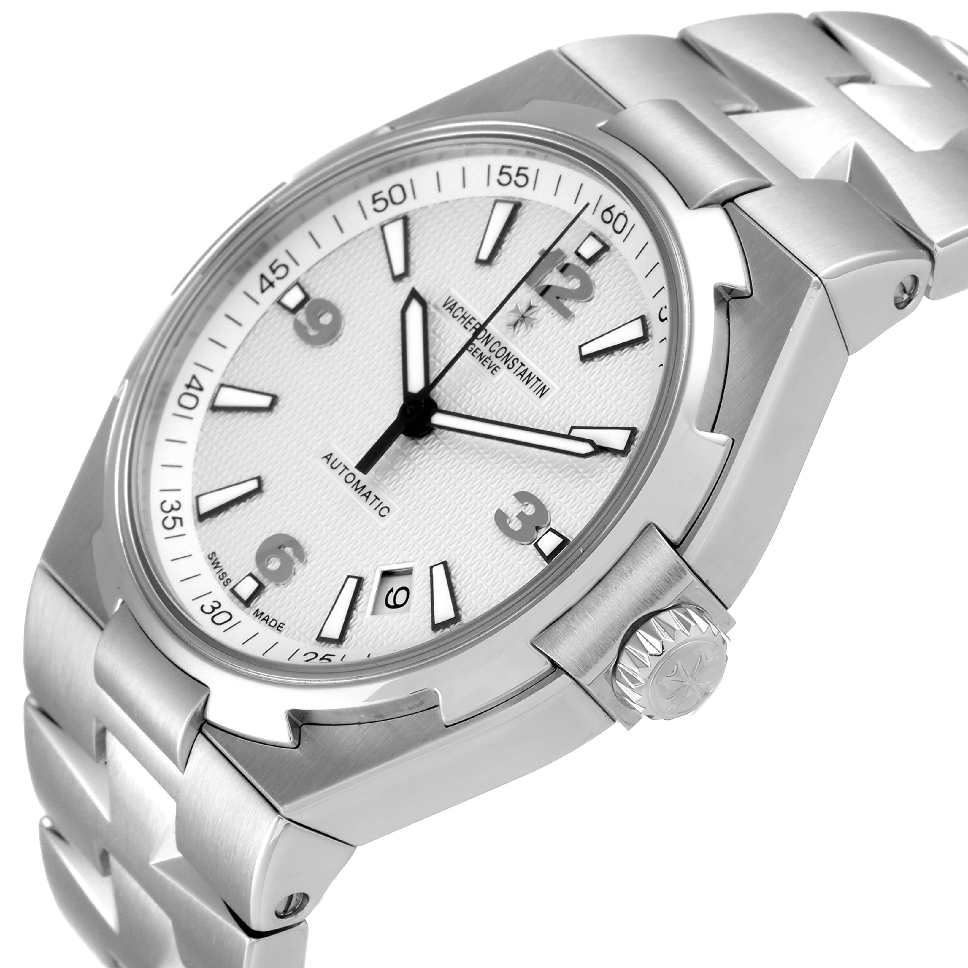 The image shows a Vacheron Constantin Overseas 47040B01A-9093 Men's Stainless Steel Silver Dial 47040B01A-9093 Men's Stainless Steel Silver Dial model watch angled to highlight the dial, bezel, and crown.