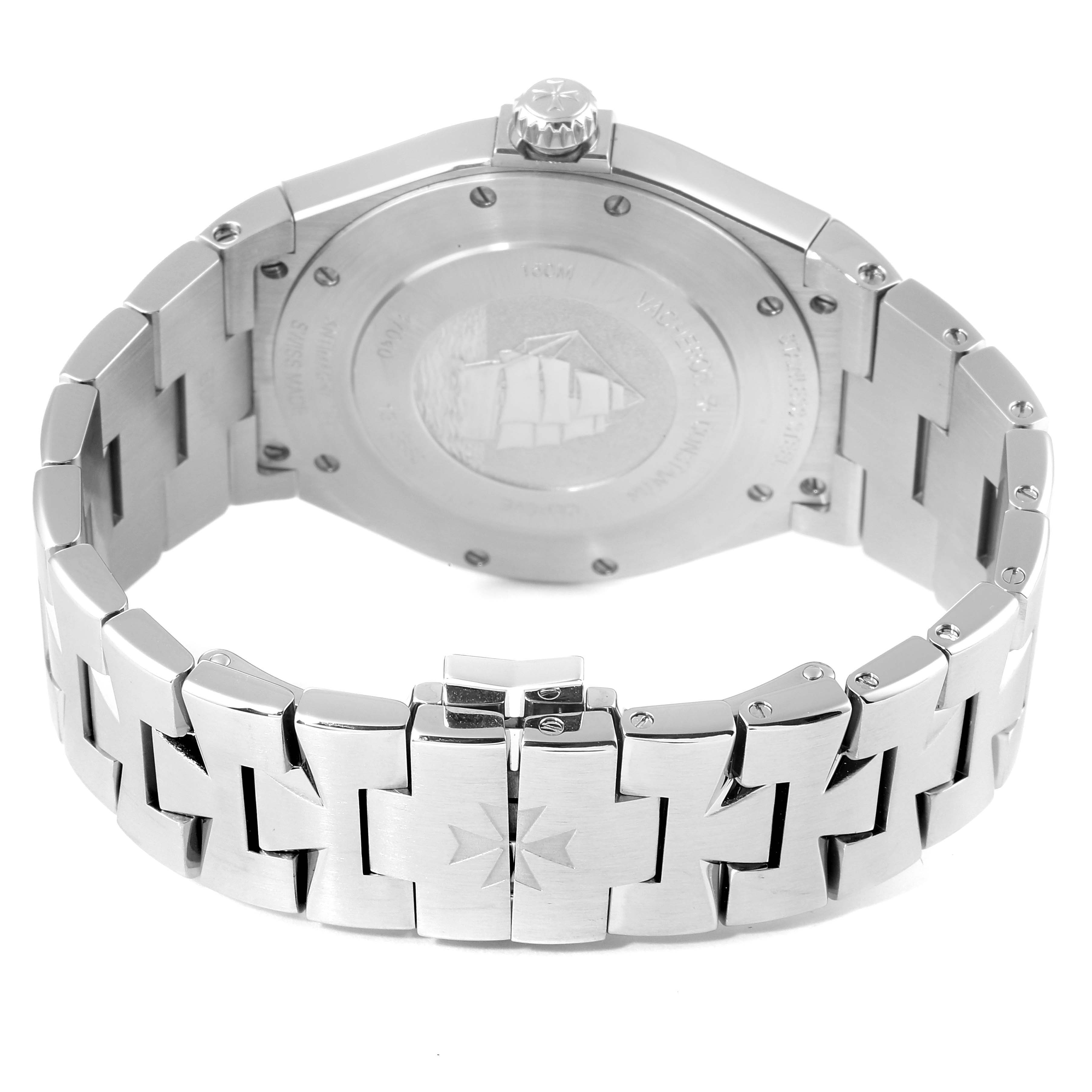 The image shows the back case and stainless steel bracelet of a Vacheron Constantin Overseas 47040B01A-9093 Men's Stainless Steel Silver Dial 47040B01A-9093 Men's Stainless Steel Silver Dial watch.