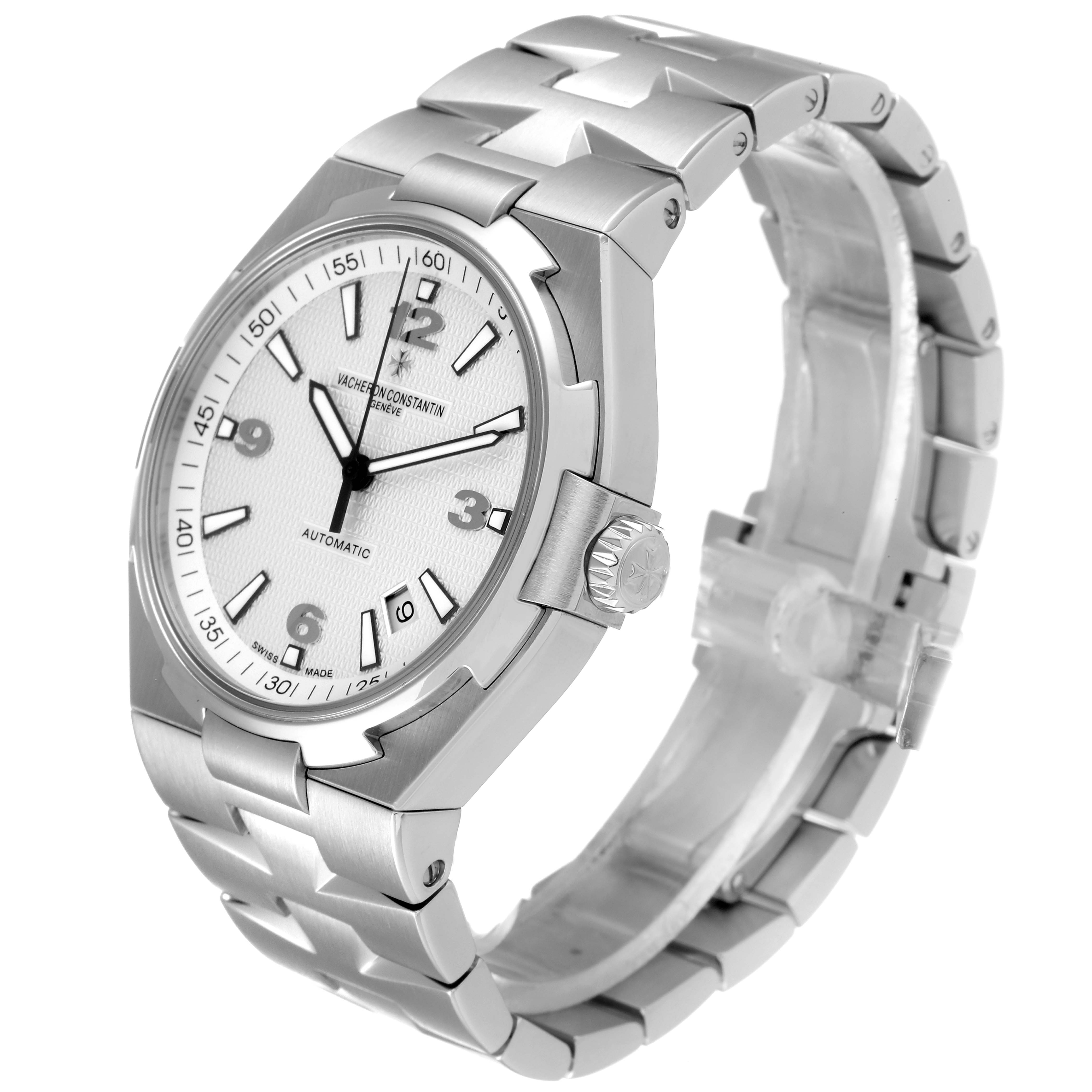 The image shows a Vacheron Constantin Overseas 47040B01A-9093 Men's Stainless Steel Silver Dial 47040B01A-9093 Men's Stainless Steel Silver Dial watch angled from the top front, highlighting the dial, bezel, crown, and bracelet.