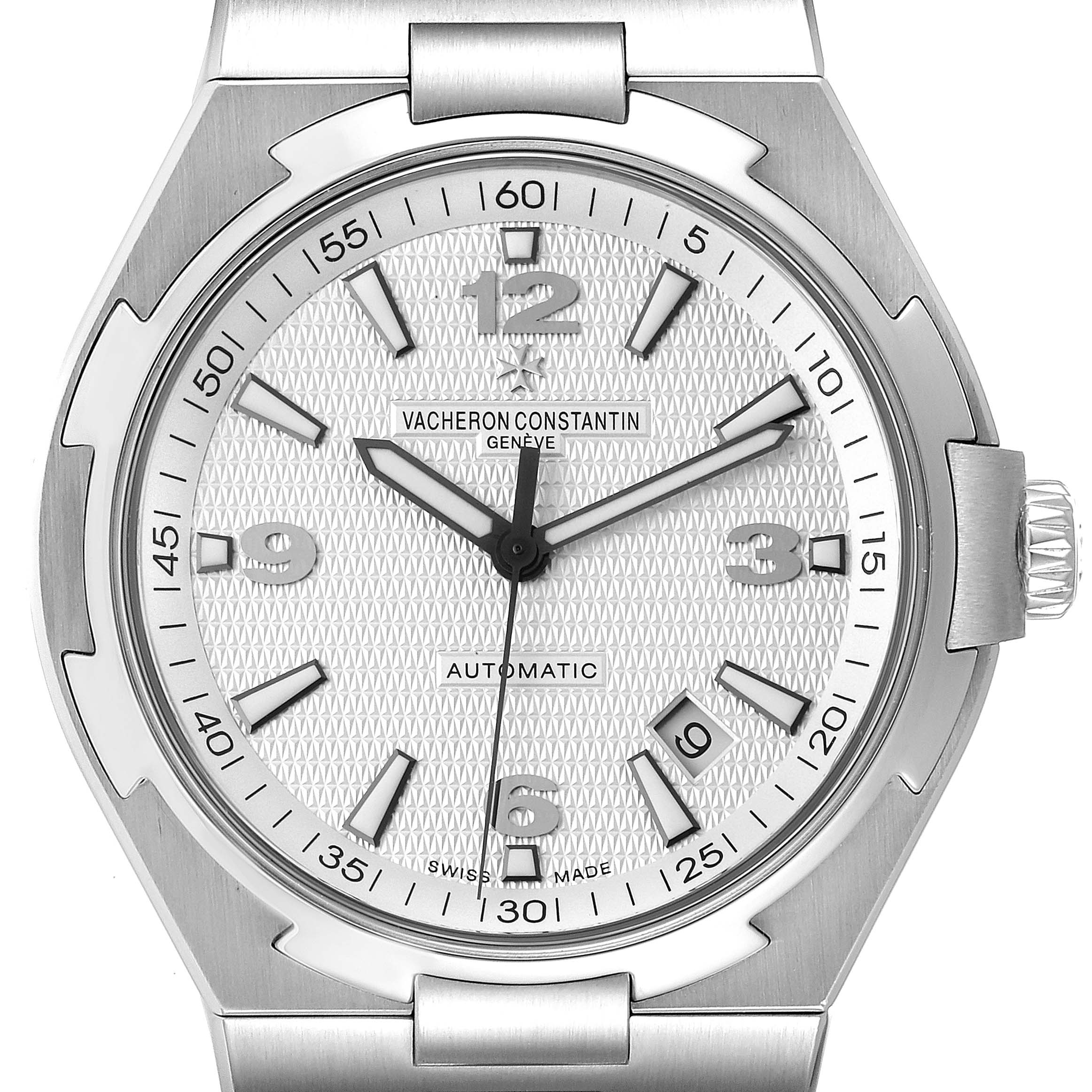 This image shows a front view of the Vacheron Constantin Overseas 47040B01A-9093 Men's Stainless Steel Silver Dial 47040B01A-9093 Men's Stainless Steel Silver Dial watch, highlighting the dial, bezel, hands, and bracelet attachment.