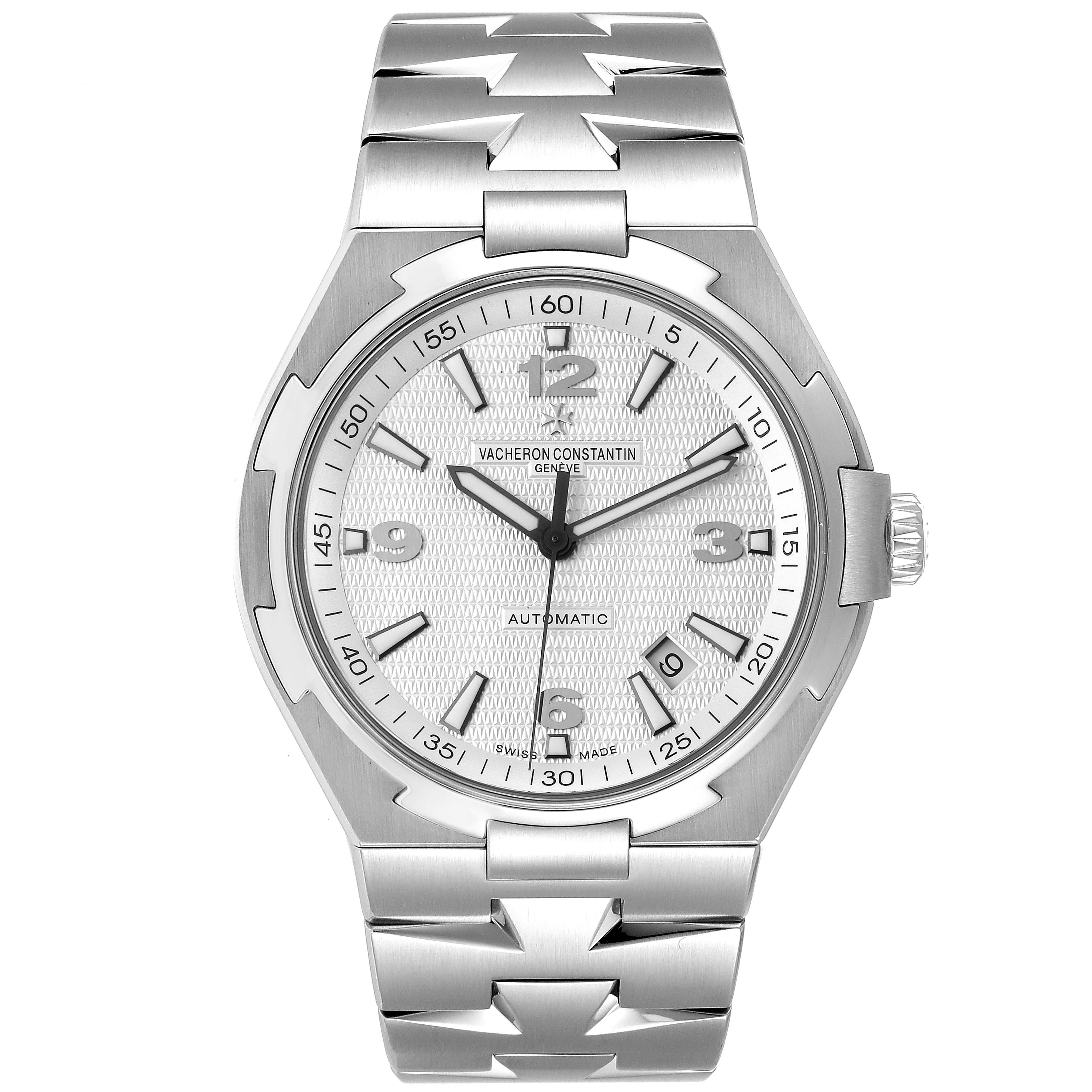 The image shows a frontal view of the Vacheron Constantin Overseas 47040B01A-9093 Men's Stainless Steel Silver Dial 47040B01A-9093 Men's Stainless Steel Silver Dial model watch, showcasing its dial, case, bezel, and bracelet.
