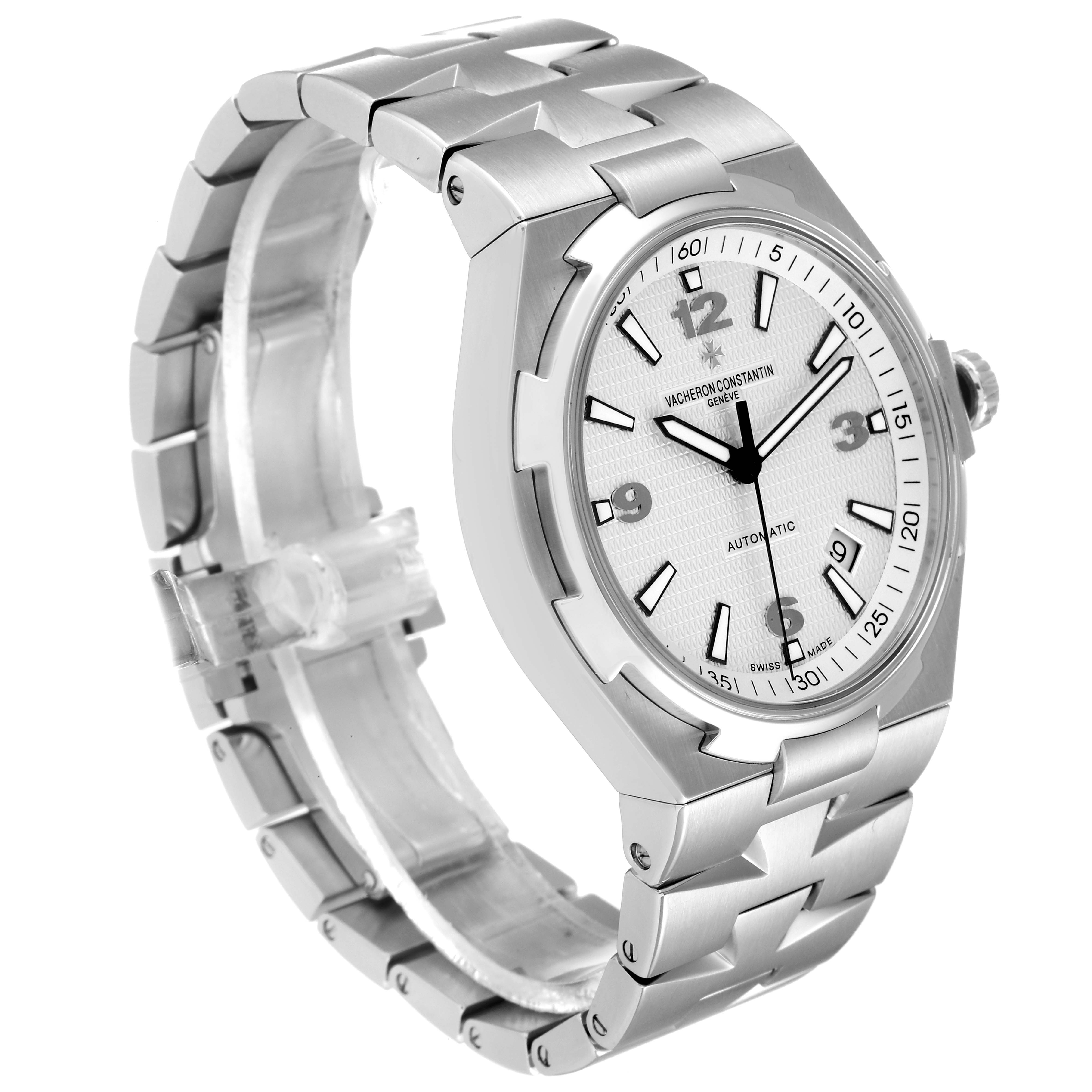 The image shows the Vacheron Constantin Overseas 47040B01A-9093 Men's Stainless Steel Silver Dial 47040B01A-9093 Men's Stainless Steel Silver Dial model watch, angled to highlight its face, bezel, and stainless steel bracelet.