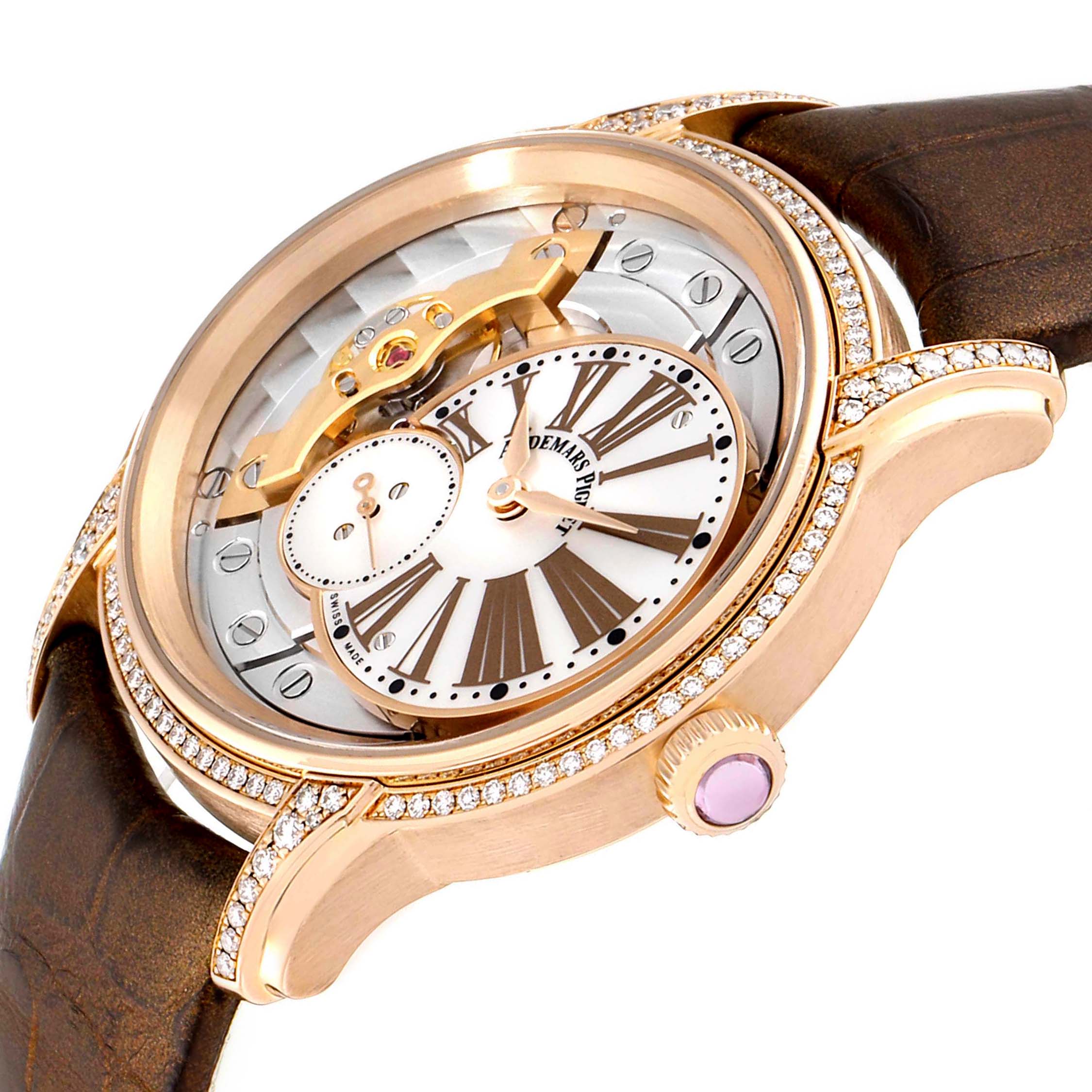 The image shows a close-up angle of an Audemars Piguet Millenary 77247OR.ZZ.1272OR.01 Women's Rose Gold Mother of Pearl Dial 77247OR.ZZ.1272OR.01 Women's Rose Gold Mother of Pearl Dial watch, highlighting the face, crown, and strap.