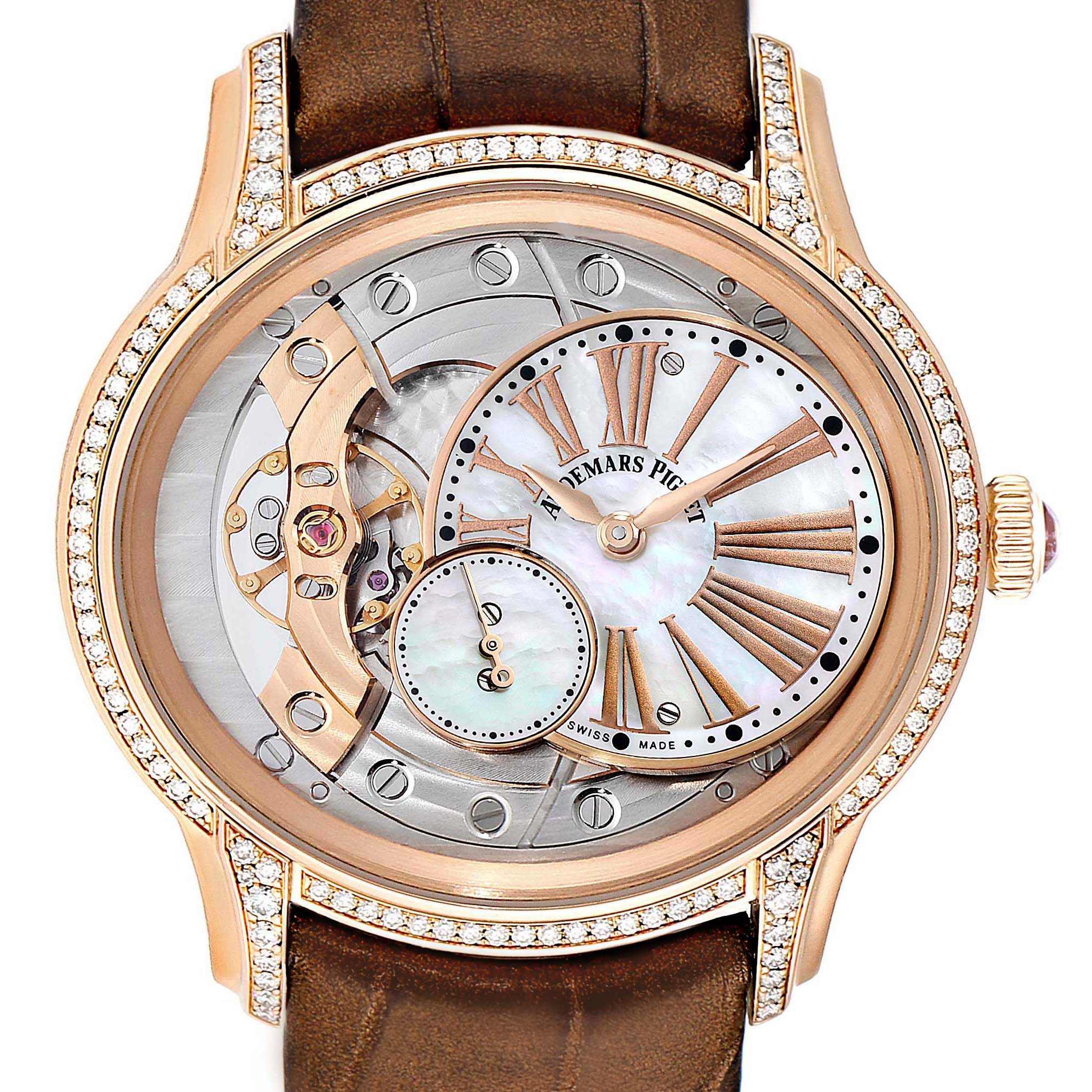 The watch is an Audemars Piguet Millenary 77247OR.ZZ.1272OR.01 Women's Rose Gold Mother of Pearl Dial 77247OR.ZZ.1272OR.01 Women's Rose Gold Mother of Pearl Dial model, shown from a front angle, highlighting the dial, intricate movement, and diamond-set bezel.
