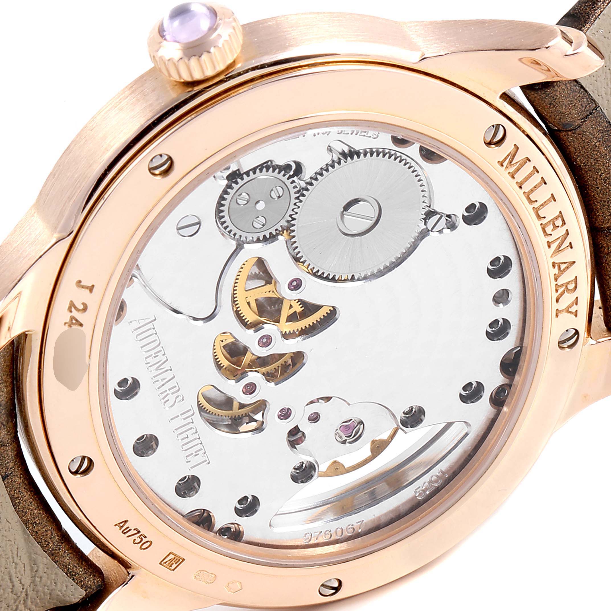 This image shows the back angle of the Audemars Piguet Millenary 77247OR.ZZ.1272OR.01 Women's Rose Gold Mother of Pearl Dial 77247OR.ZZ.1272OR.01 Women's Rose Gold Mother of Pearl Dial watch, highlighting its intricate internal mechanisms.