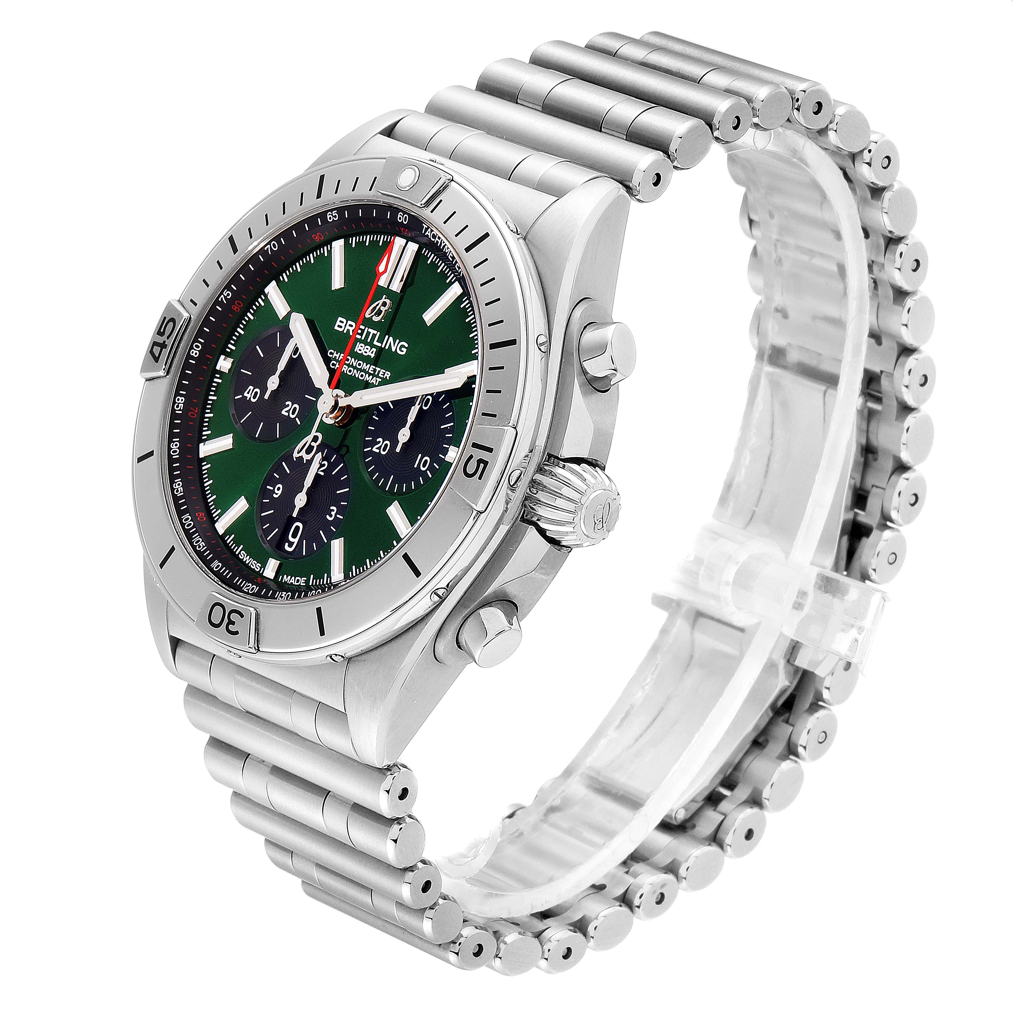This Breitling Chronomat AB01343A1L1A1 Men's Stainless Steel Green Dial AB01343A1L1A1 Men's Stainless Steel Green Dial watch is shown at an angle highlighting its bezel, face, crown, and metal bracelet.