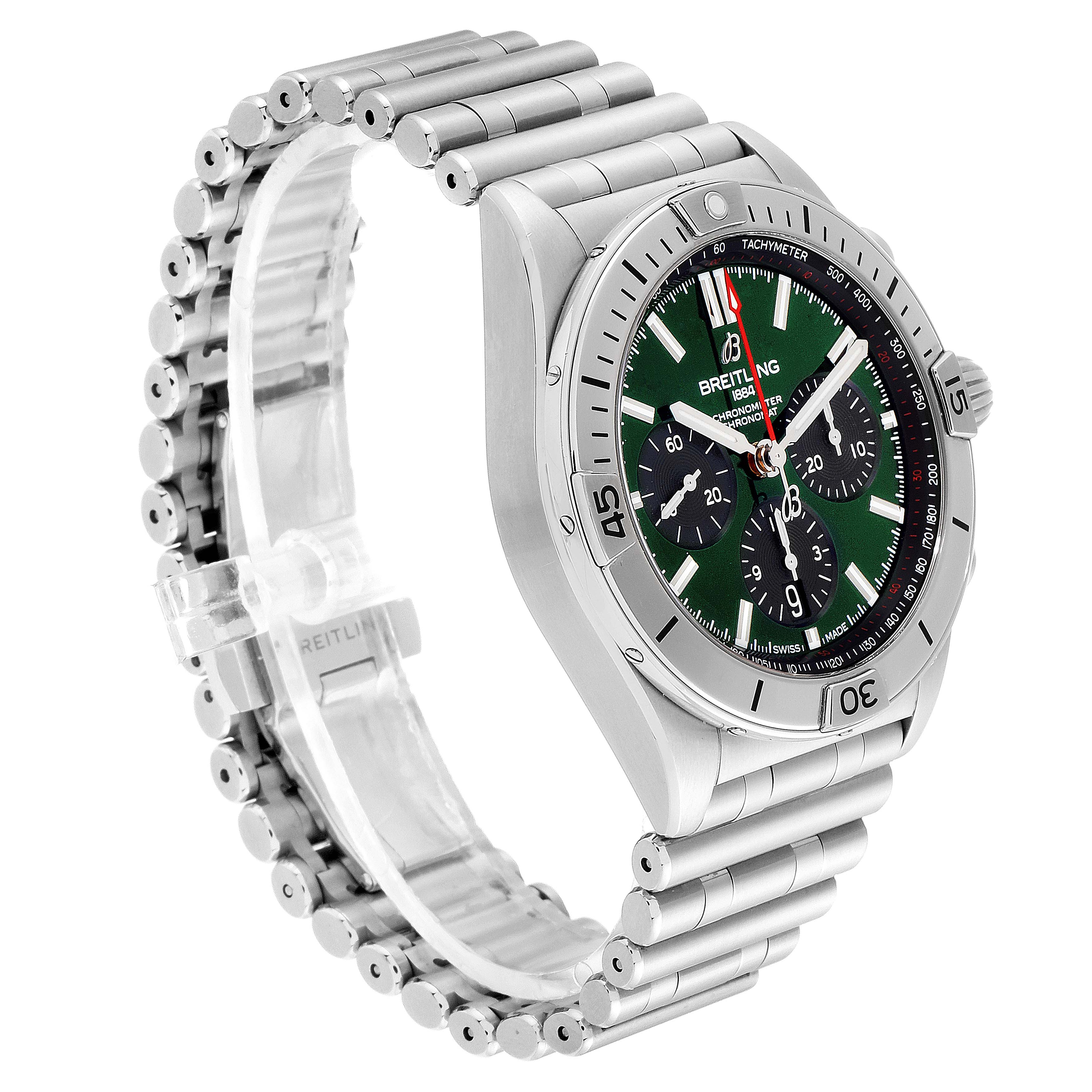 The image shows a side view of the Breitling Chronomat AB01343A1L1A1 Men's Stainless Steel Green Dial AB01343A1L1A1 Men's Stainless Steel Green Dial watch, highlighting its band, bezel, and dial.