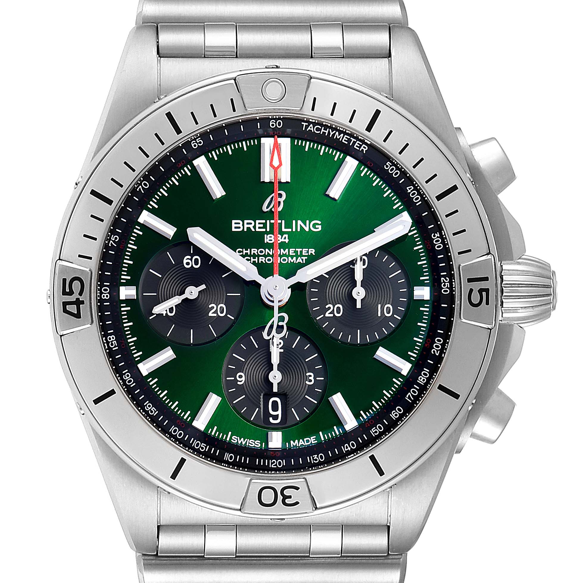 This image shows a frontal view of a Breitling Chronomat AB01343A1L1A1 Men's Stainless Steel Green Dial AB01343A1L1A1 Men's Stainless Steel Green Dial watch, highlighting the dial, bezel, and pushers.