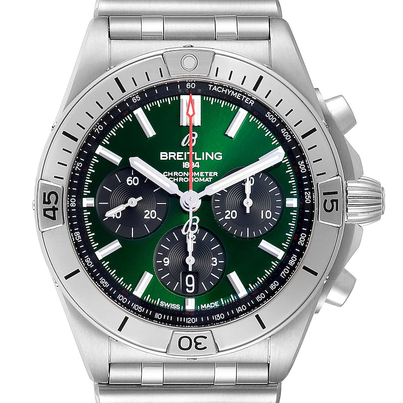 Breitling Chronomat B01 Green Dial Steel Mens Watch AB0134 Box Papers SwissWatchExpo