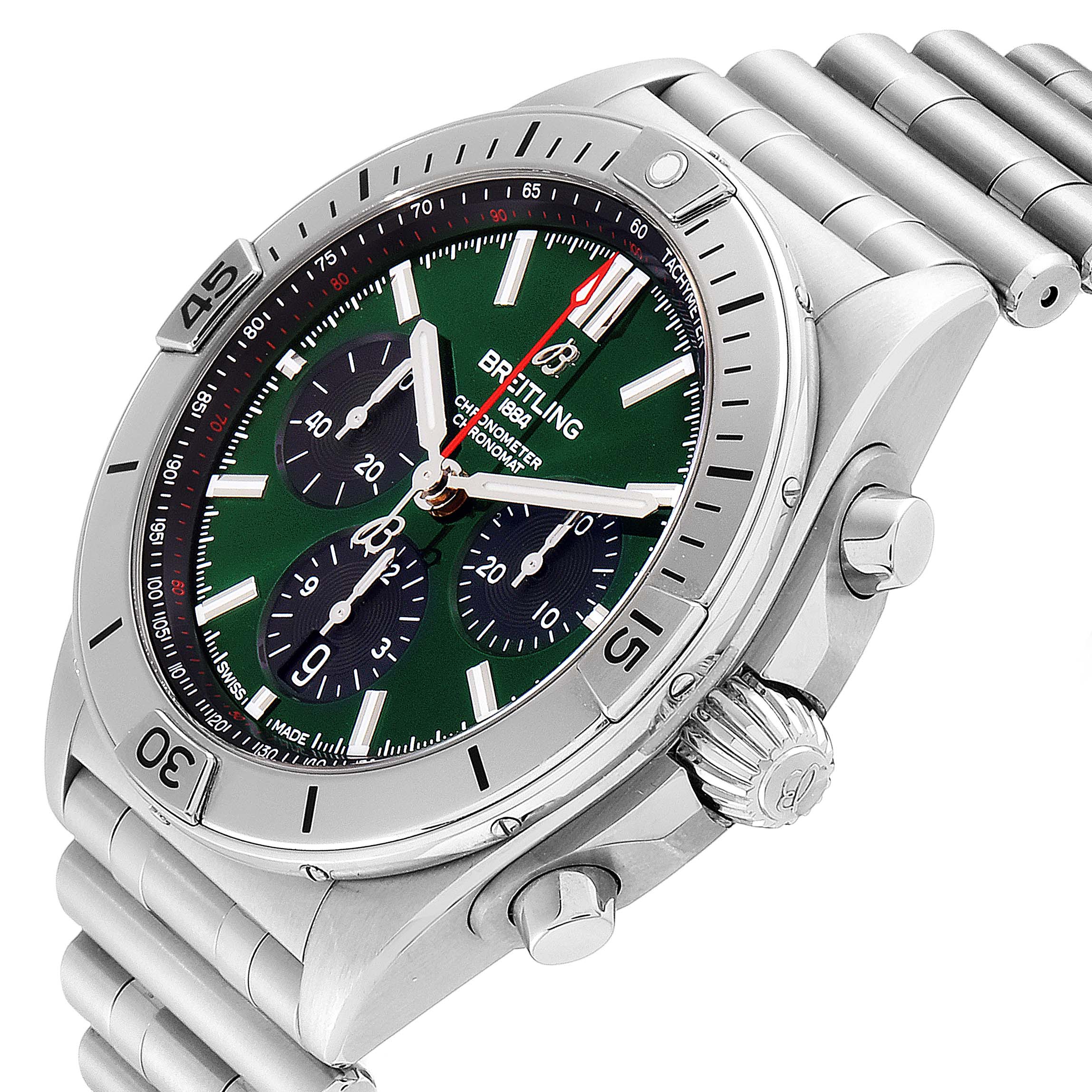 The Breitling Chronomat AB01343A1L1A1 Men's Stainless Steel Green Dial AB01343A1L1A1 Men's Stainless Steel Green Dial watch is shown at a 3/4 angle, highlighting its green dial, chronograph subdials, bezel, and crown.