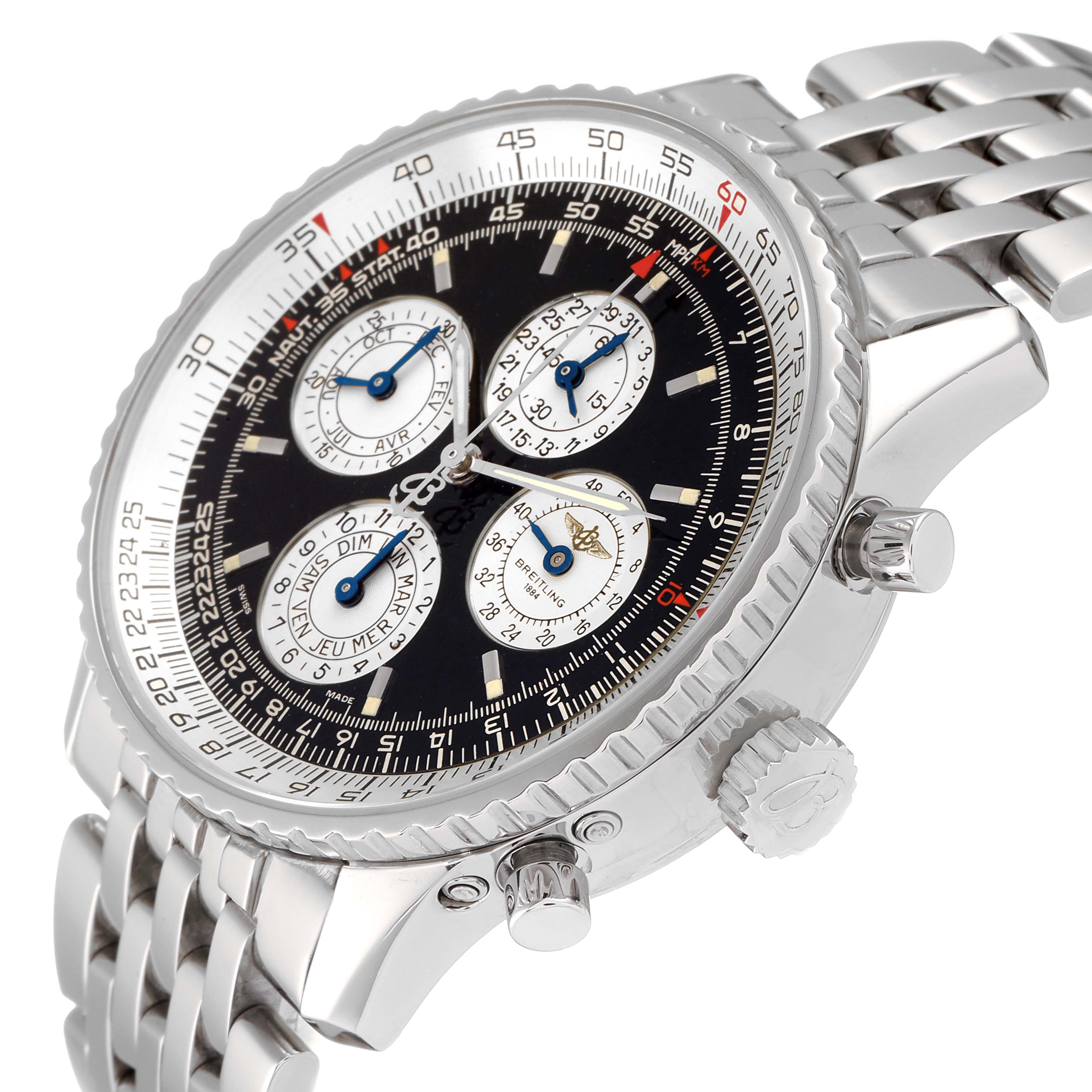 The Breitling Navitimer A38022 Men's Stainless Steel Black Dial A38022 Men's Stainless Steel Black Dial watch is shown at an angle, highlighting the face, bezel, subdials, crown, and metal bracelet.