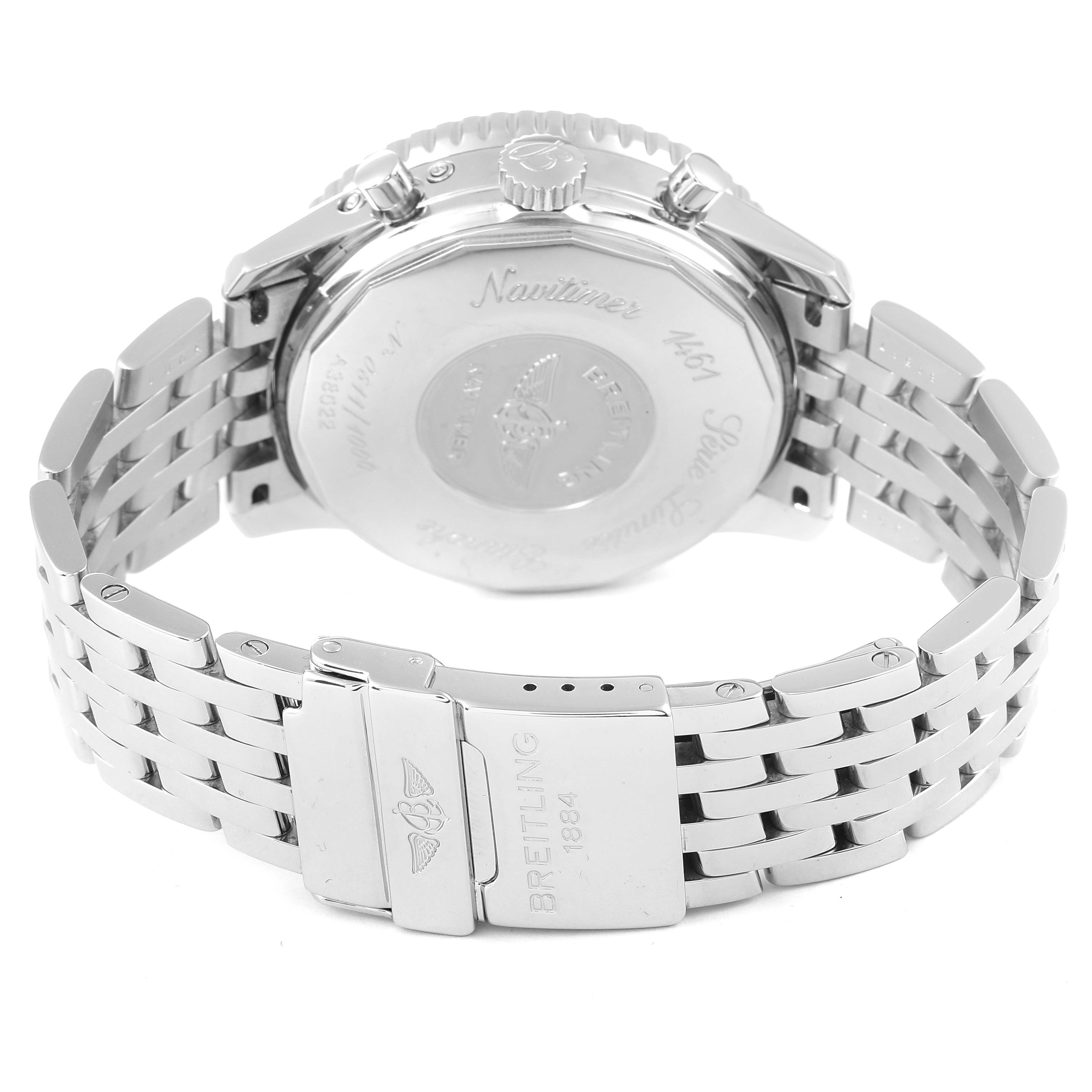 The image shows the back view of a Breitling Navitimer A38022 Men's Stainless Steel Black Dial A38022 Men's Stainless Steel Black Dial watch, highlighting its case back, clasp, and part of the bracelet.
