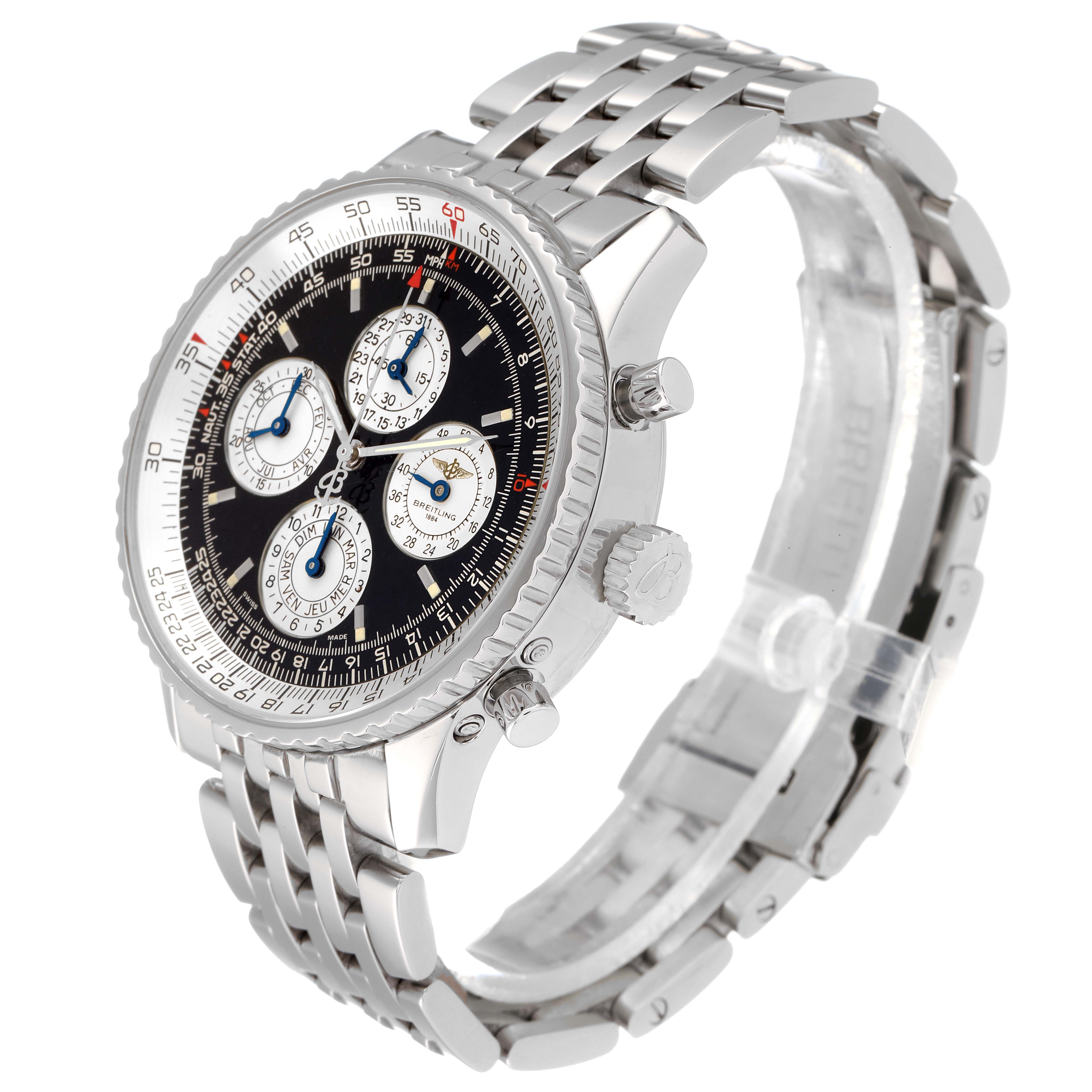 This image shows a side angle of a Breitling Navitimer A38022 Men's Stainless Steel Black Dial A38022 Men's Stainless Steel Black Dial watch, highlighting its dial, bezel, crown, and metal bracelet.