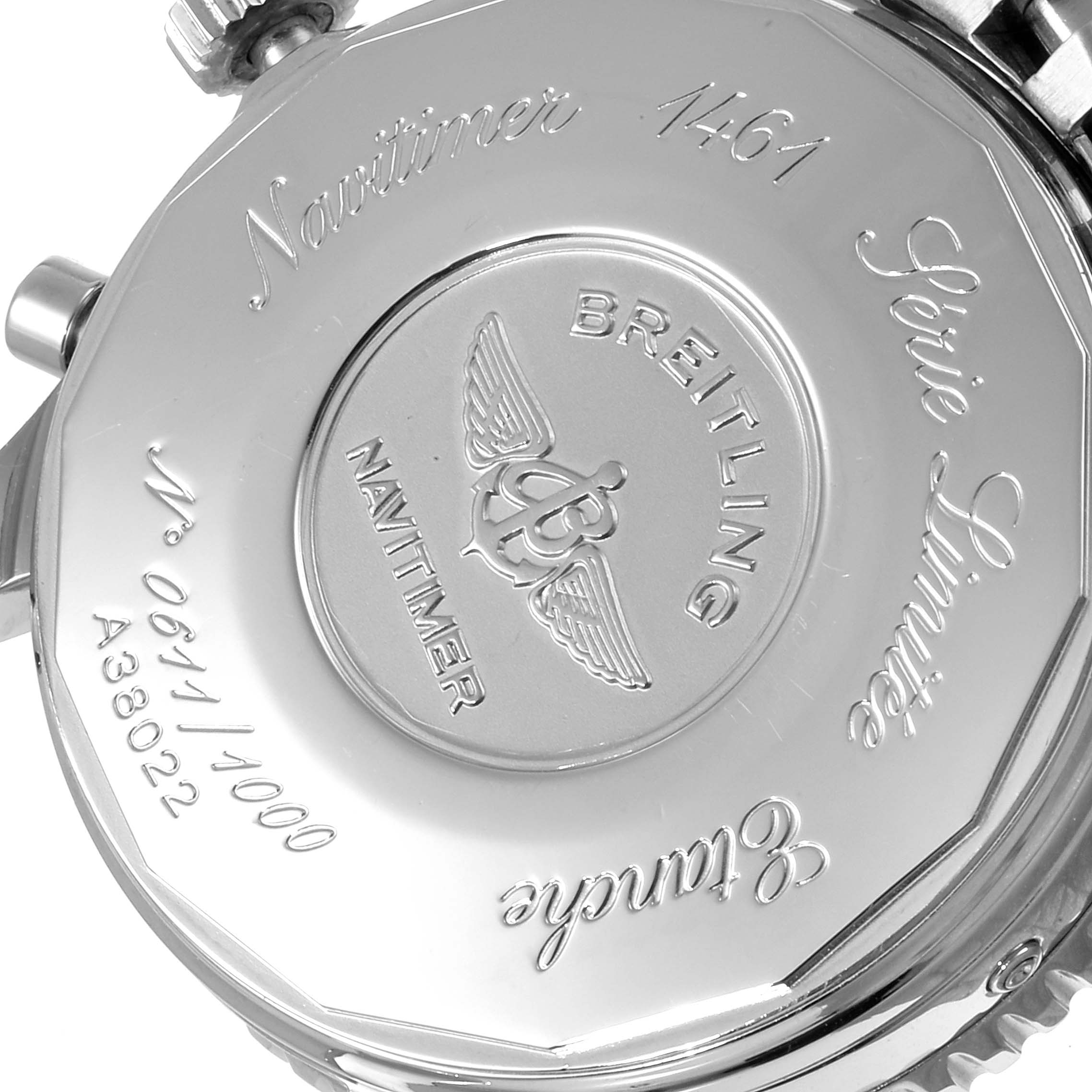 The image shows the back case of a Breitling Navitimer A38022 Men's Stainless Steel Black Dial A38022 Men's Stainless Steel Black Dial watch, highlighting the model number, branding, and "Série Limitée" inscription.