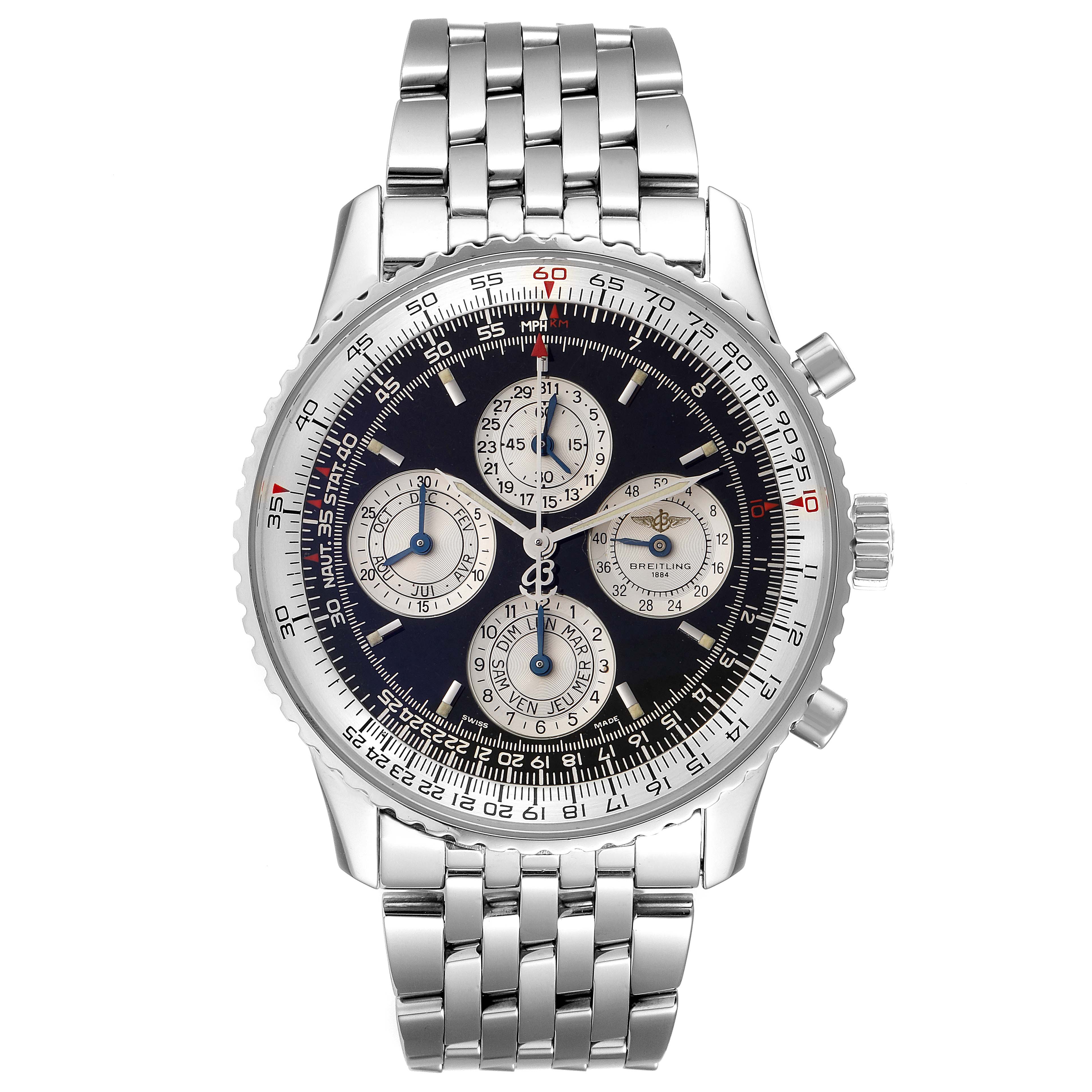 This image shows a front view of a Breitling Navitimer A38022 Men's Stainless Steel Black Dial A38022 Men's Stainless Steel Black Dial watch, displaying its dial, bezel, chronograph subdials, and metal bracelet.