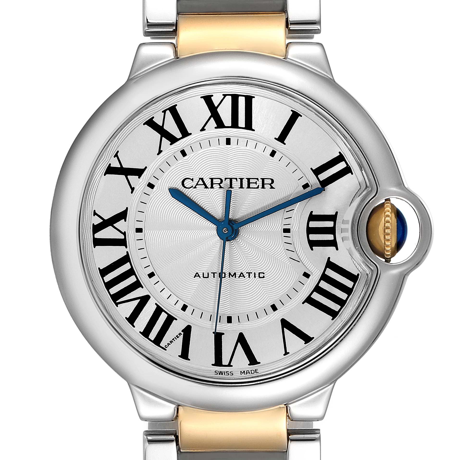 The image shows a front view of a Cartier Ballon Bleu W6920047 Women's Steel and Gold (two tone) Silver Dial W6920047 Women's Steel and Gold (two tone) Silver Dial watch, highlighting the dial, Roman numerals, blue hands, and distinctive crown.