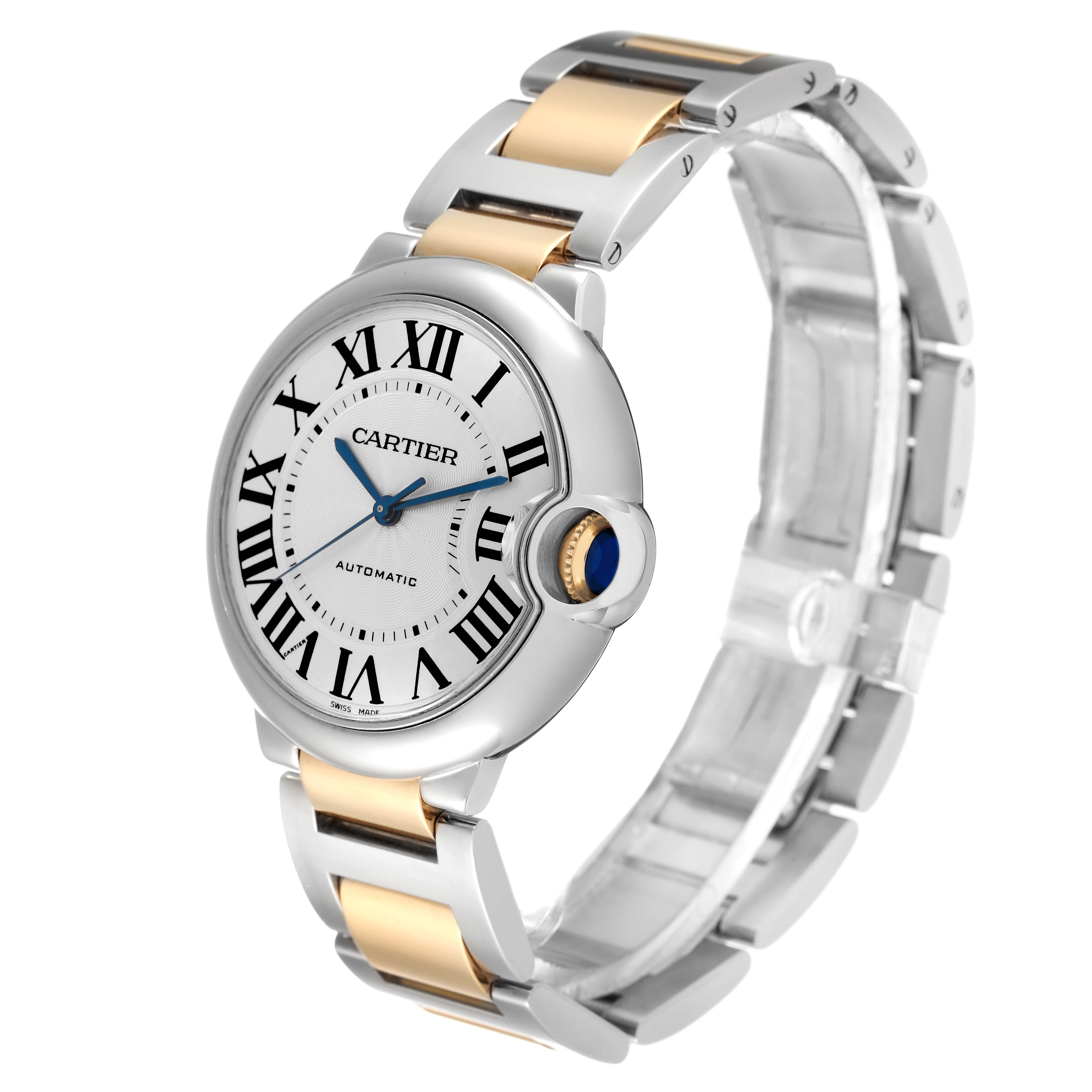 The image displays a Cartier Ballon Bleu W6920047 Women's Steel and Gold (two tone) Silver Dial W6920047 Women's Steel and Gold (two tone) Silver Dial watch from a side angle, showcasing the face, crown, and bi-metal bracelet.