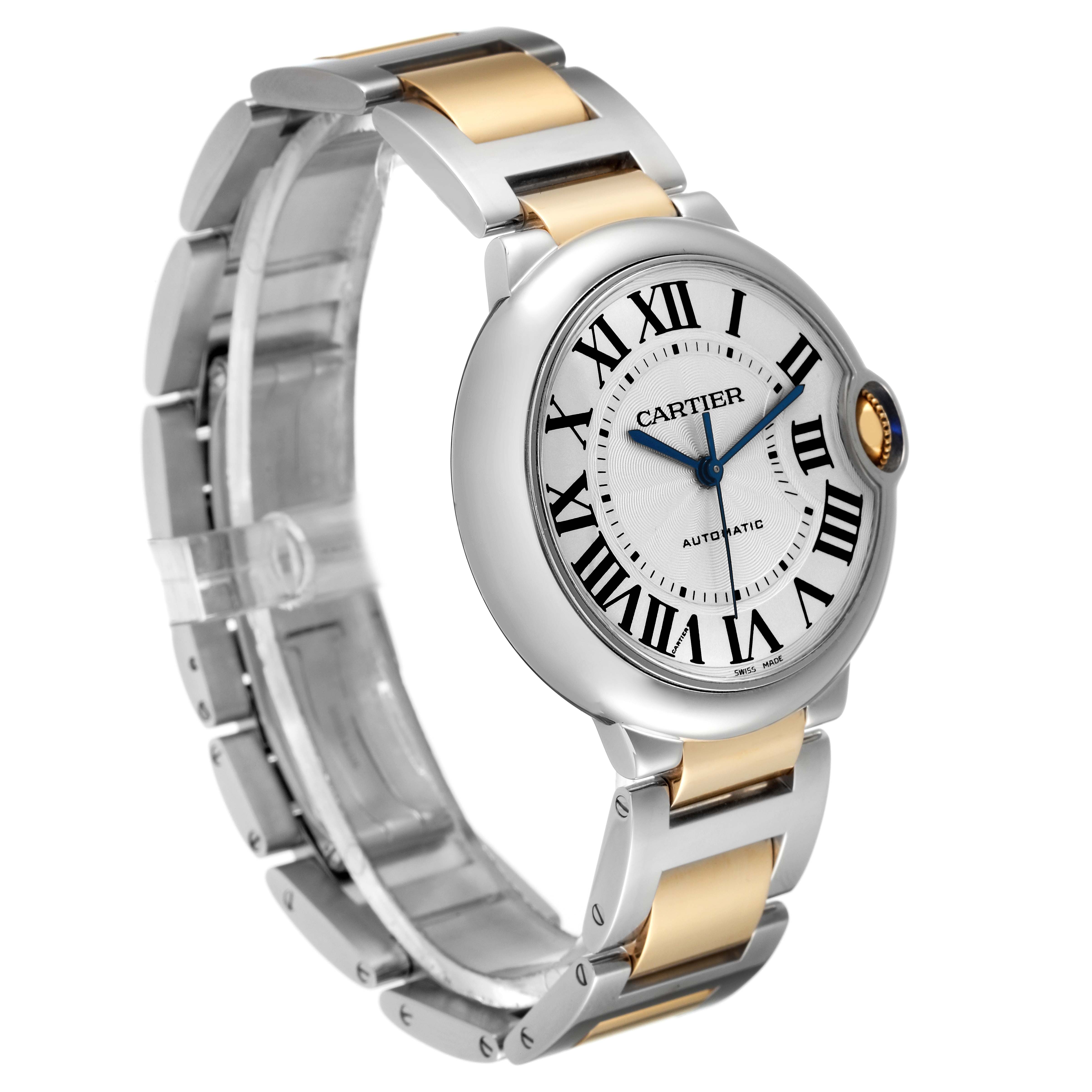 The image shows a Cartier Ballon Bleu W6920047 Women's Steel and Gold (two tone) Silver Dial W6920047 Women's Steel and Gold (two tone) Silver Dial watch at a three-quarter angle, highlighting the face, bezel, and two-tone metal bracelet.