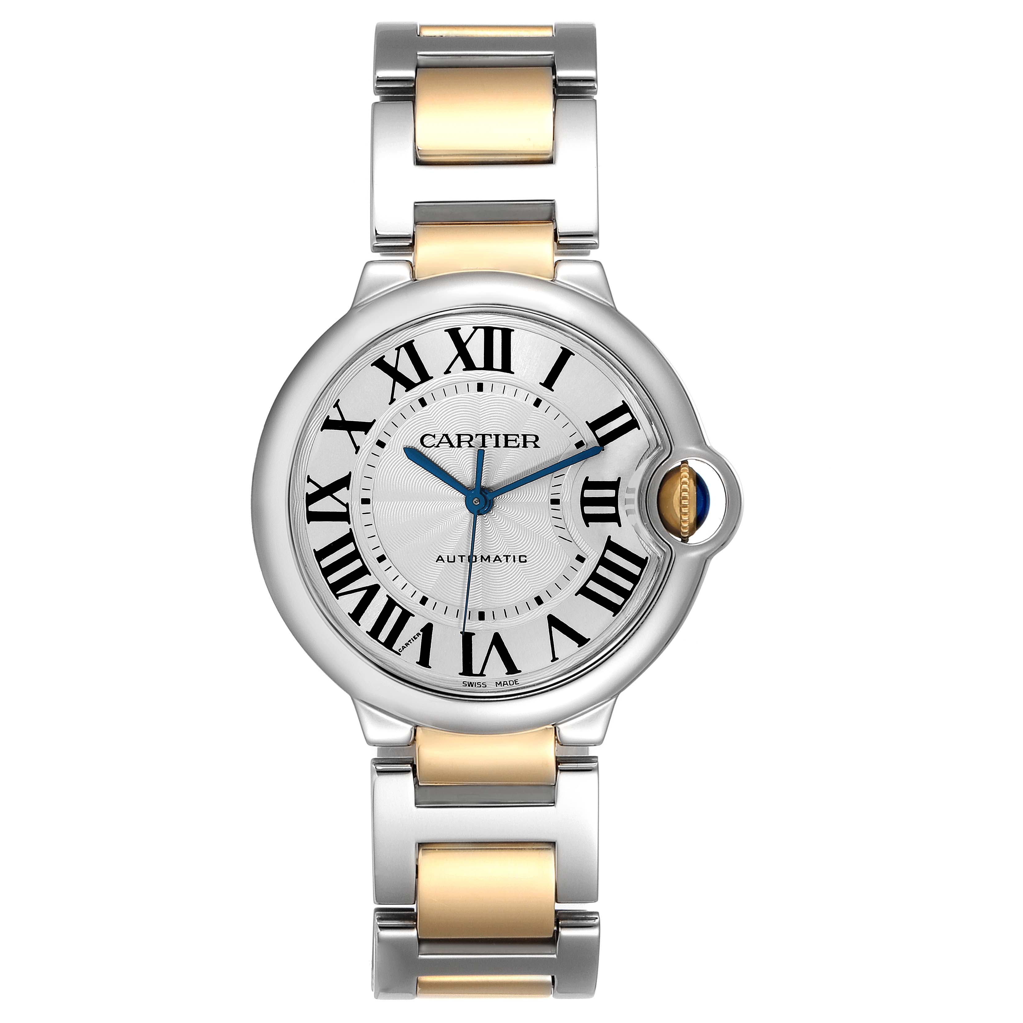 The image shows a front view of the Ballon Bleu de Cartier watch, displaying its dial, hands, and two-tone bracelet.