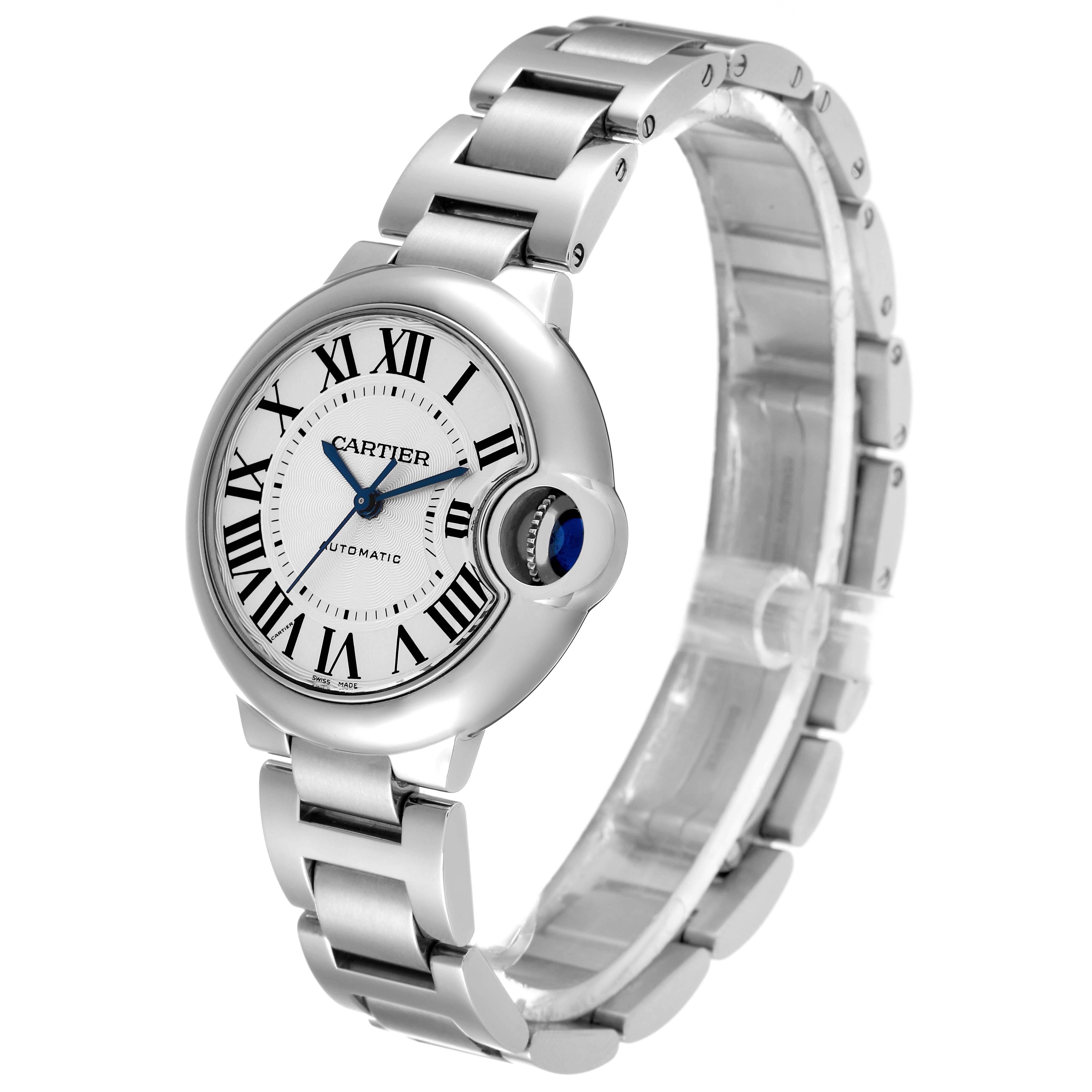 This image shows a Cartier Ballon Bleu W6920071 Women
s Stainless Steel Silver Dial W6920071 Women
s Stainless Steel Silver Dial watch from a side angle, highlighting the face, bracelet, and crown.