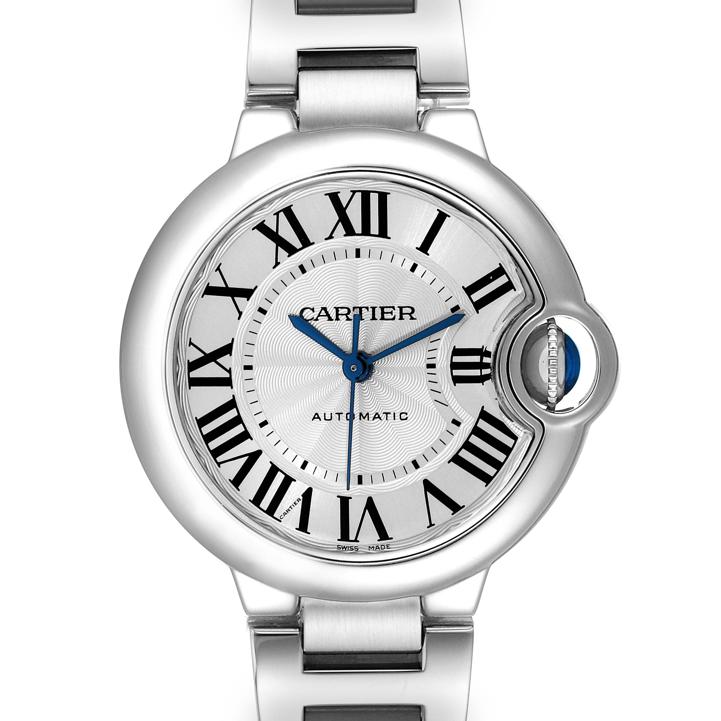 The image shows a front view of the Cartier Ballon Bleu W6920071 Women
s Stainless Steel Silver Dial W6920071 Women
s Stainless Steel Silver Dial watch, displaying the face, hands, and part of the bracelet.