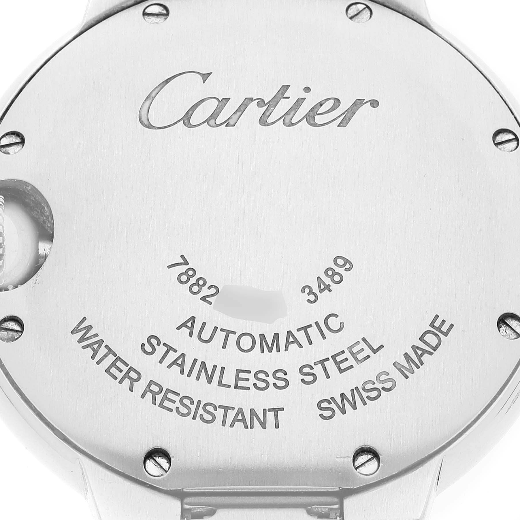 The image shows the back case of a Ballon Bleu model by Cartier, highlighting the brand name, material, and specifications.