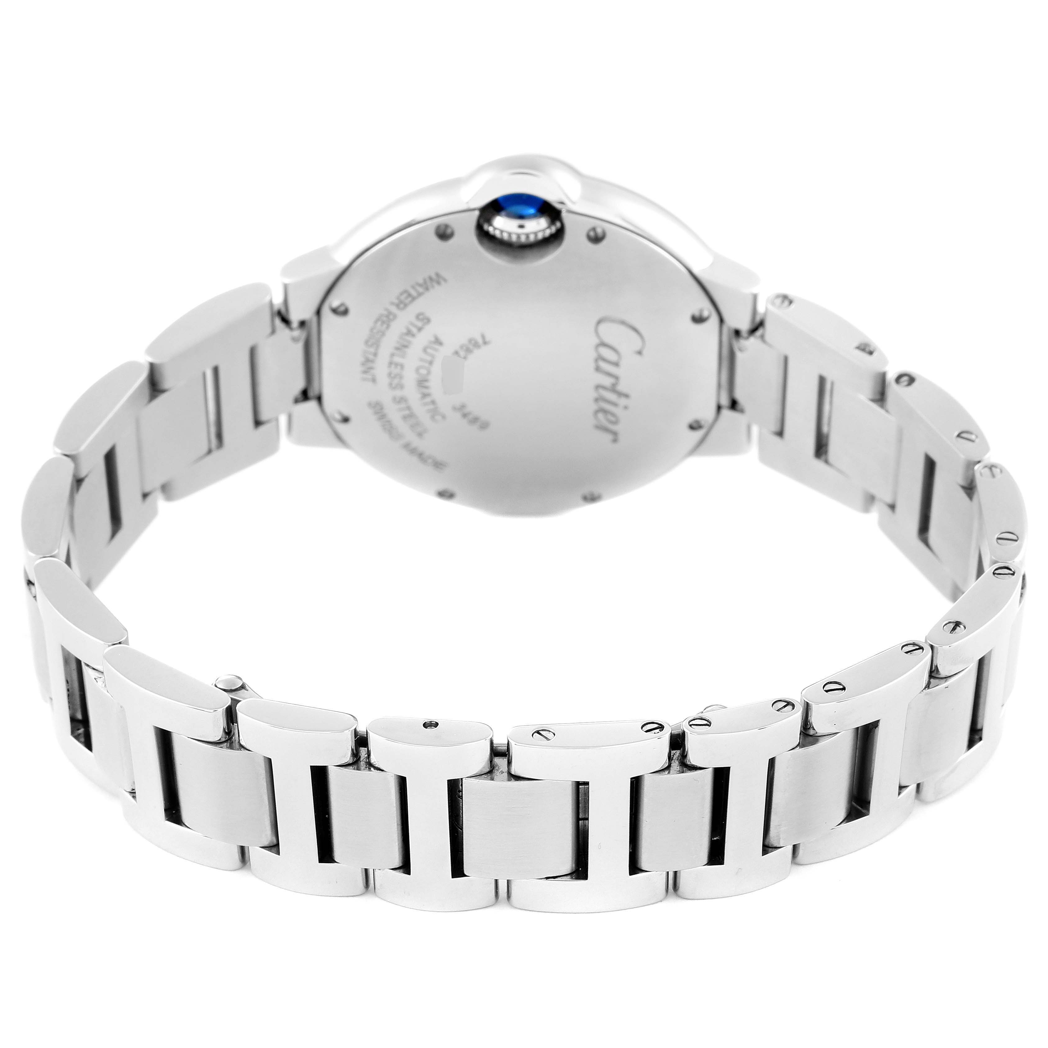 The image shows the back and bracelet of a Ballon Bleu by Cartier watch from an angled rear view.