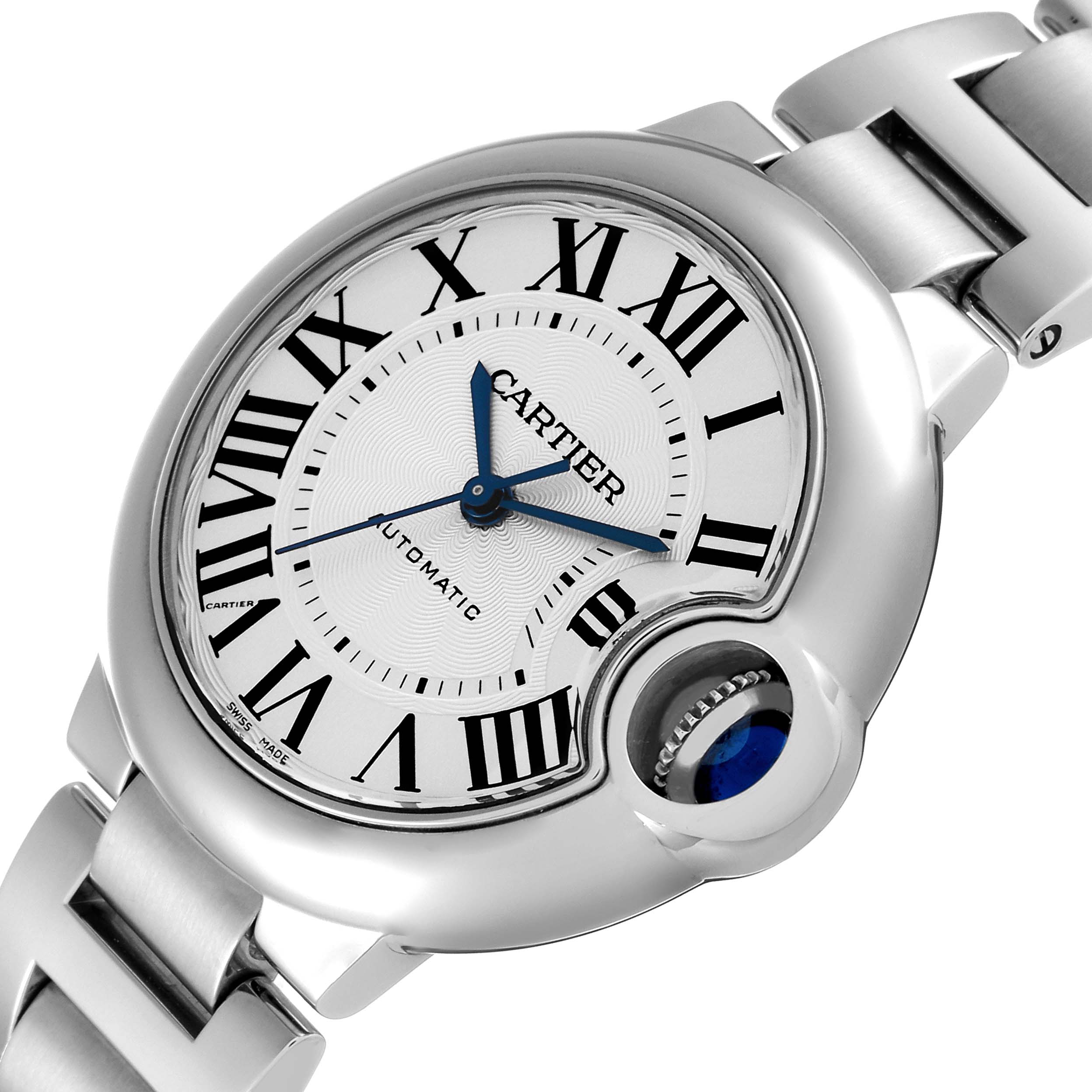The Cartier Ballon Bleu W6920071 Women
s Stainless Steel Silver Dial W6920071 Women
s Stainless Steel Silver Dial watch is shown from a slight angle, highlighting its face, crown, and part of its bracelet.