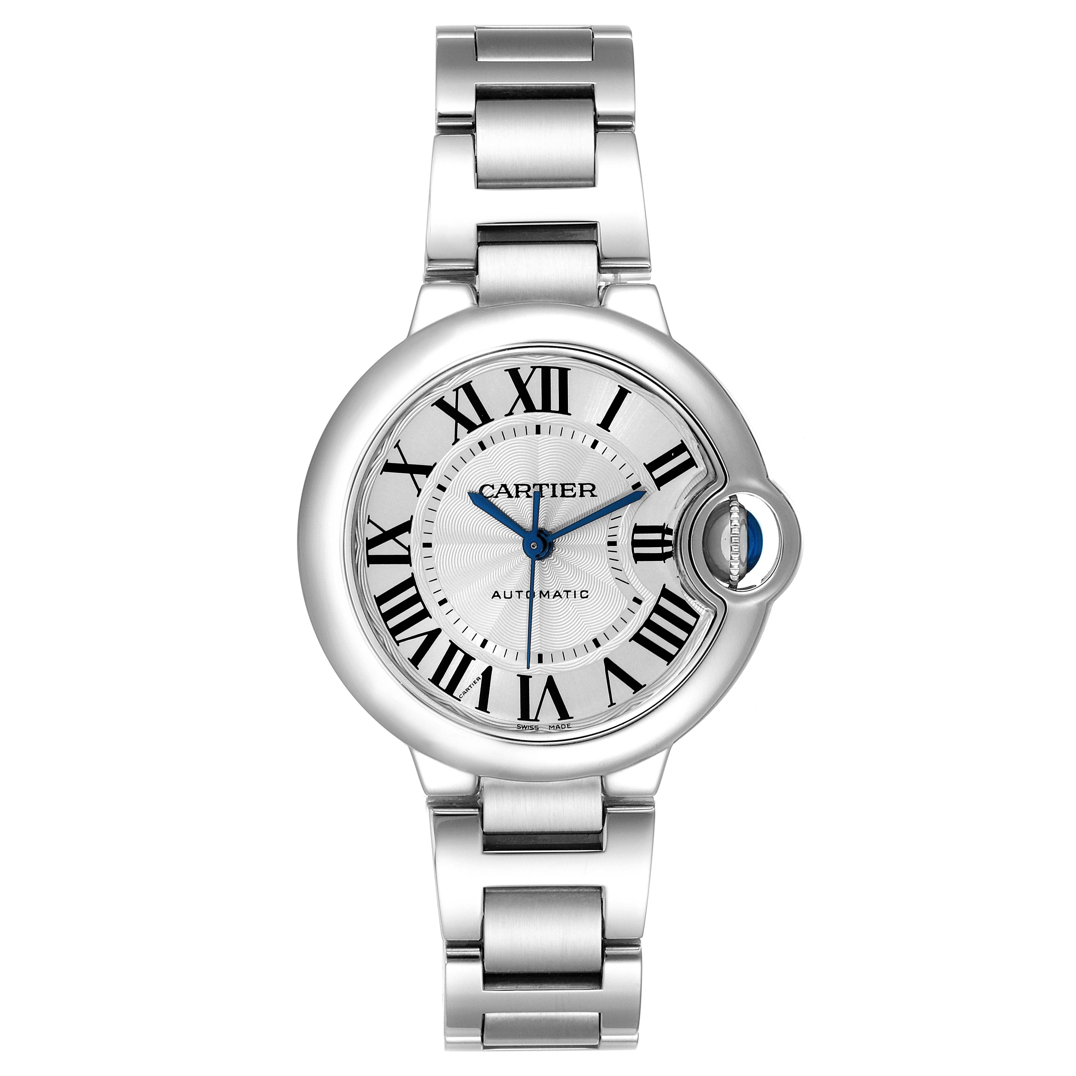 This image shows a front view of the Ballon Bleu model watch by Cartier, featuring its face, bezel, and metallic bracelet.