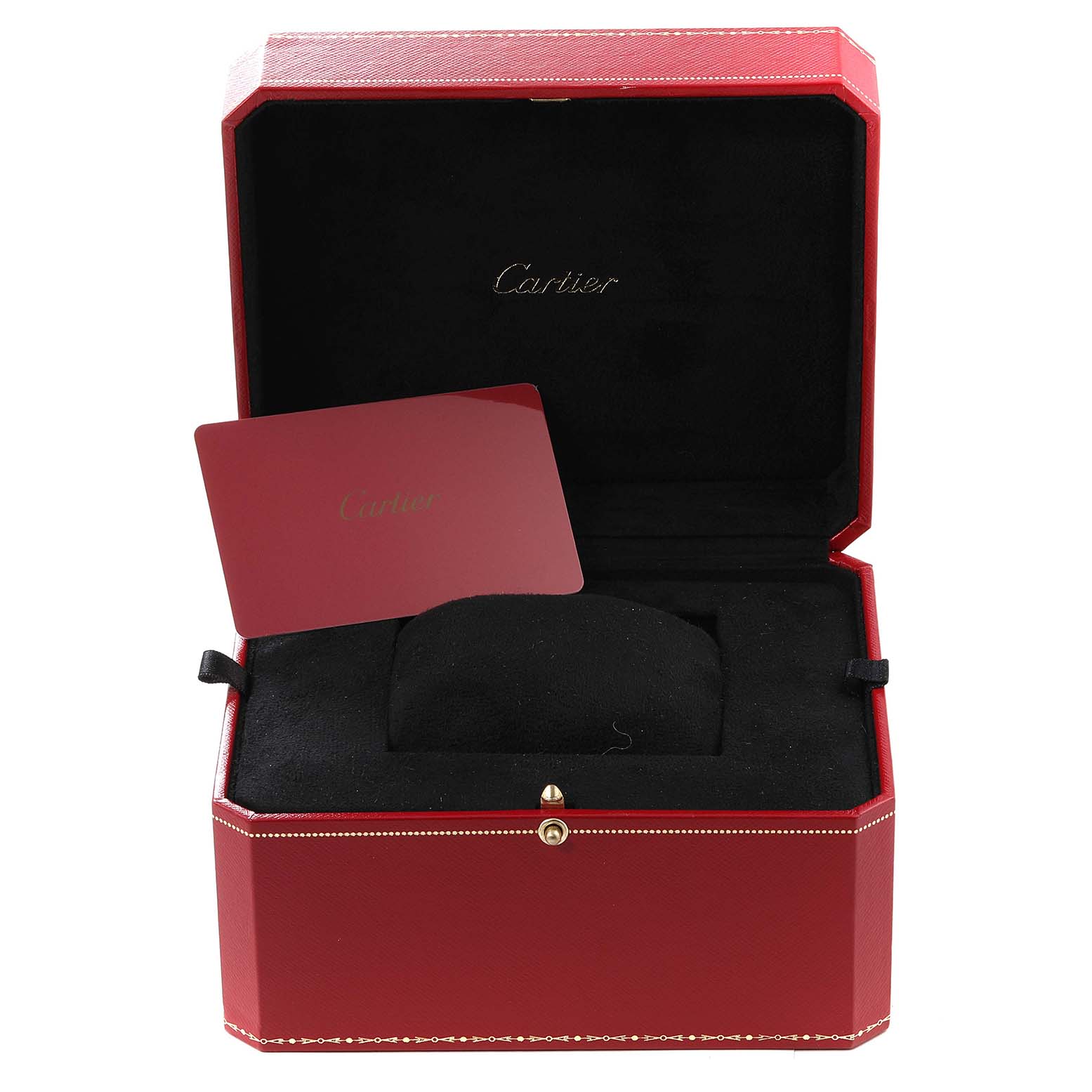 This image shows an open red Cartier box for the Ballon Bleu model, along with a matching red Cartier card inside.