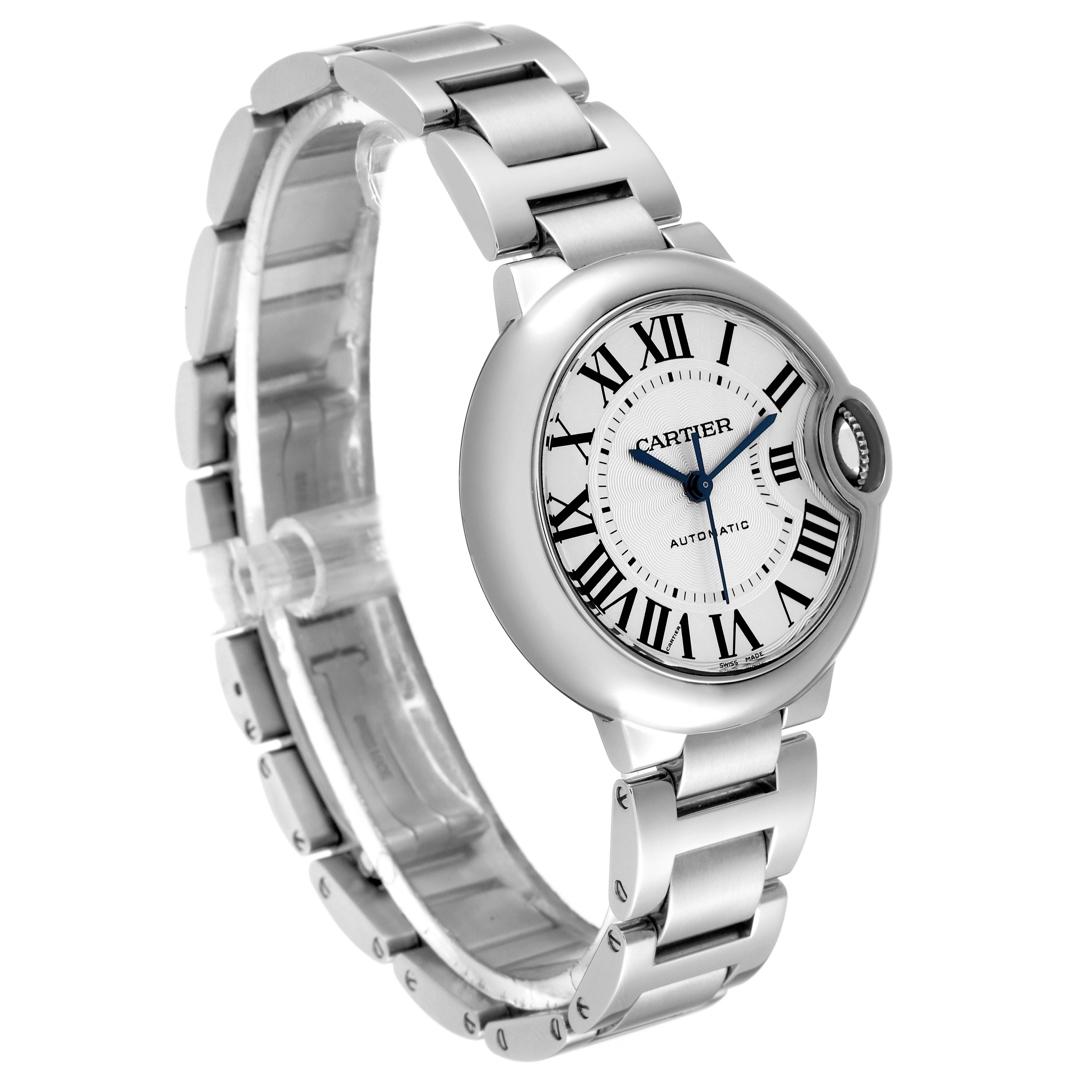 The Ballon Bleu model by Cartier is shown at a three-quarter angle, highlighting its bracelet, dial, and crown.