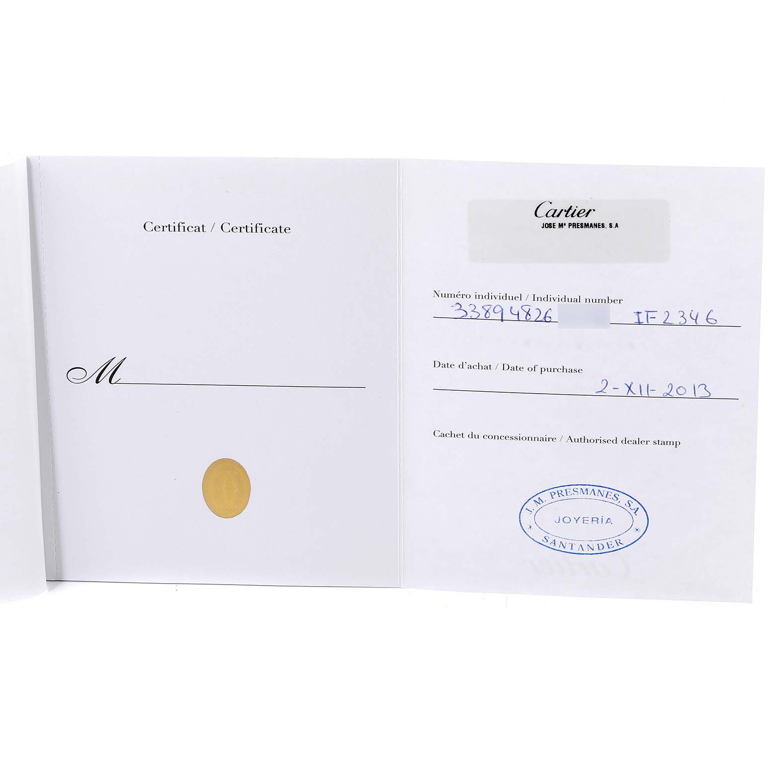 The image shows an open warranty certificate booklet for a Calibre de Cartier watch by Cartier, including purchase details and dealer stamp.