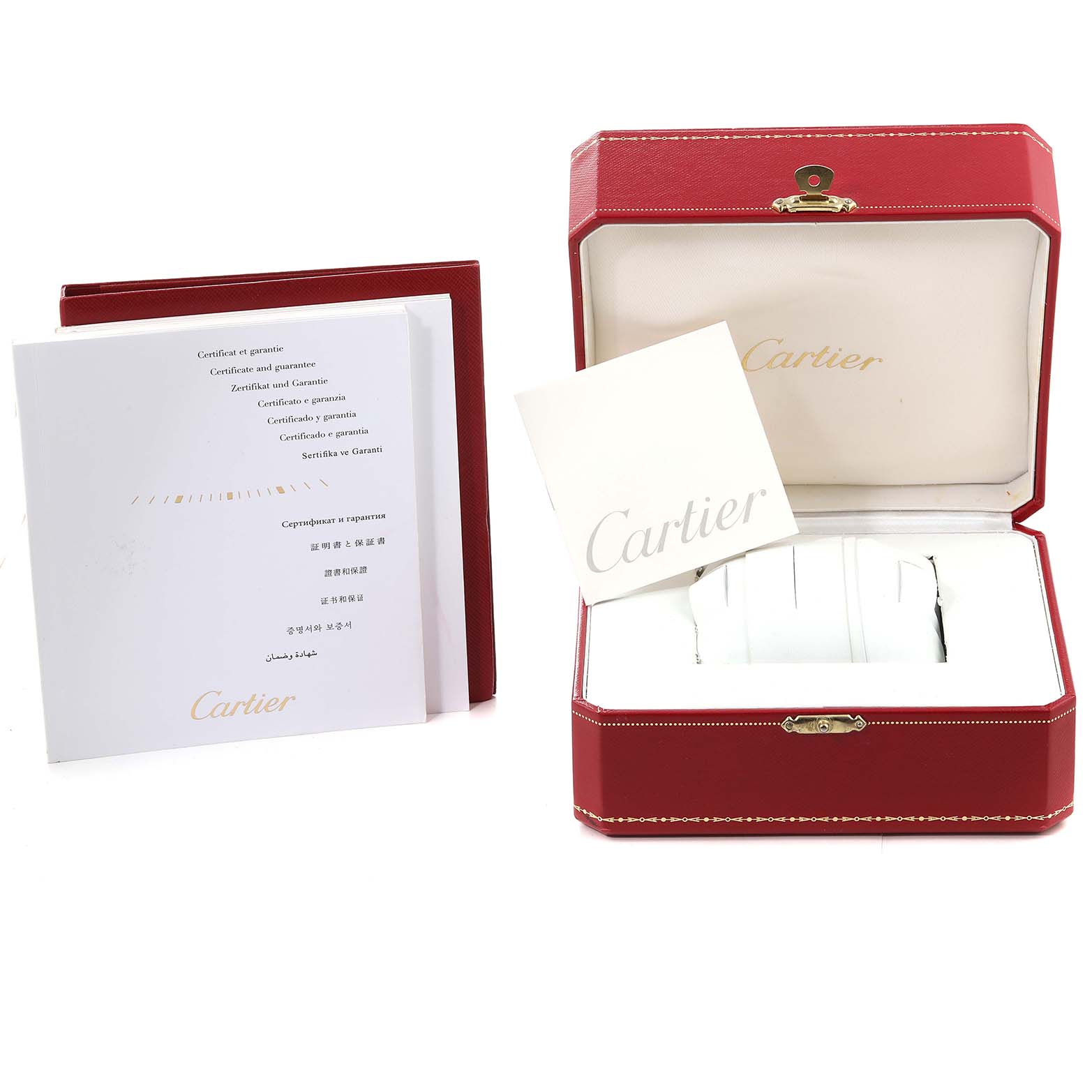The image shows the red Cartier box and documentation for the Calibre de Cartier watch model.