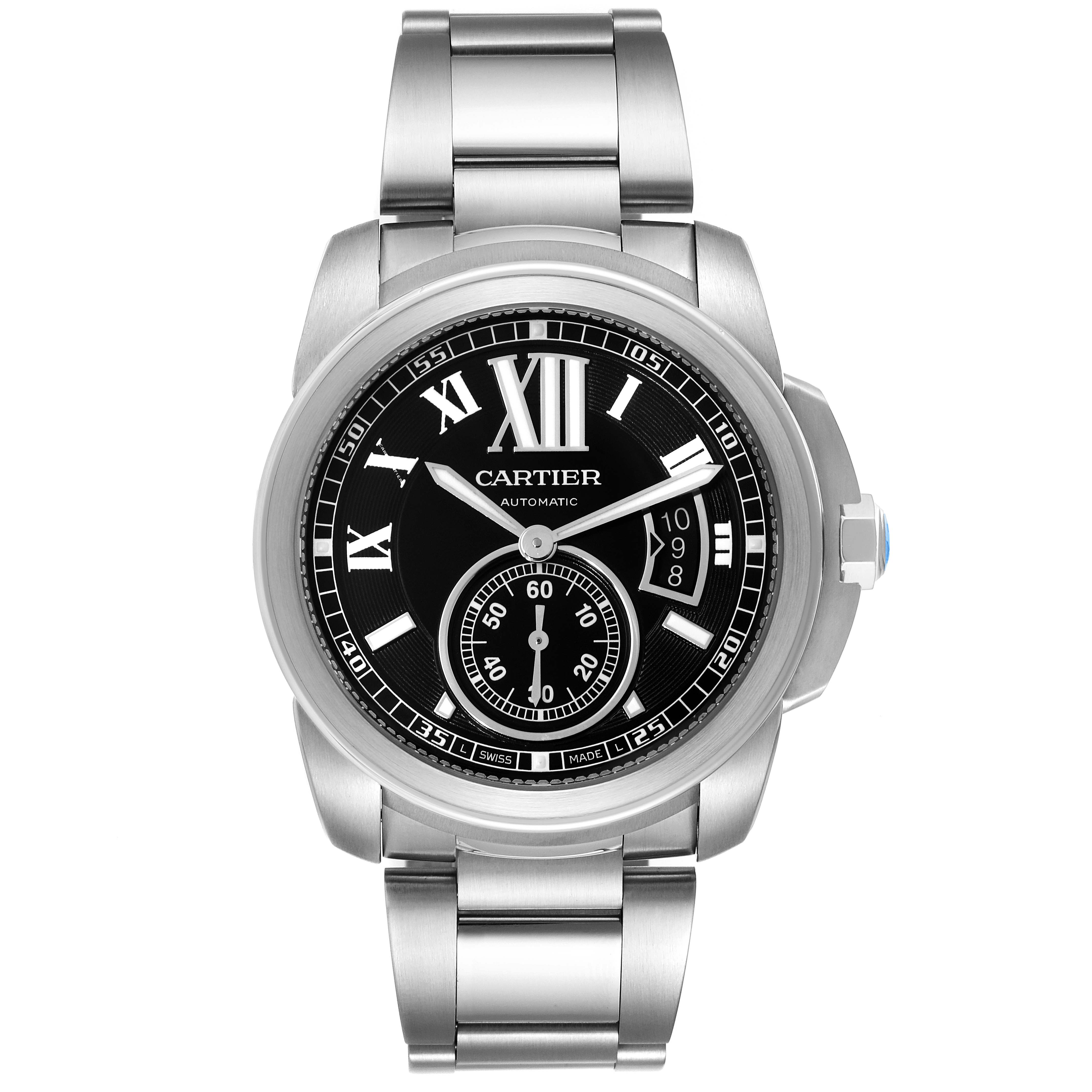 The image shows a front view of the Calibre de Cartier watch by Cartier, displaying its face, case, and bracelet.