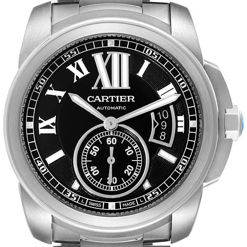 Photo of Cartier Calibre Steel Black Dial Mens Watch W7100016 Box Papers