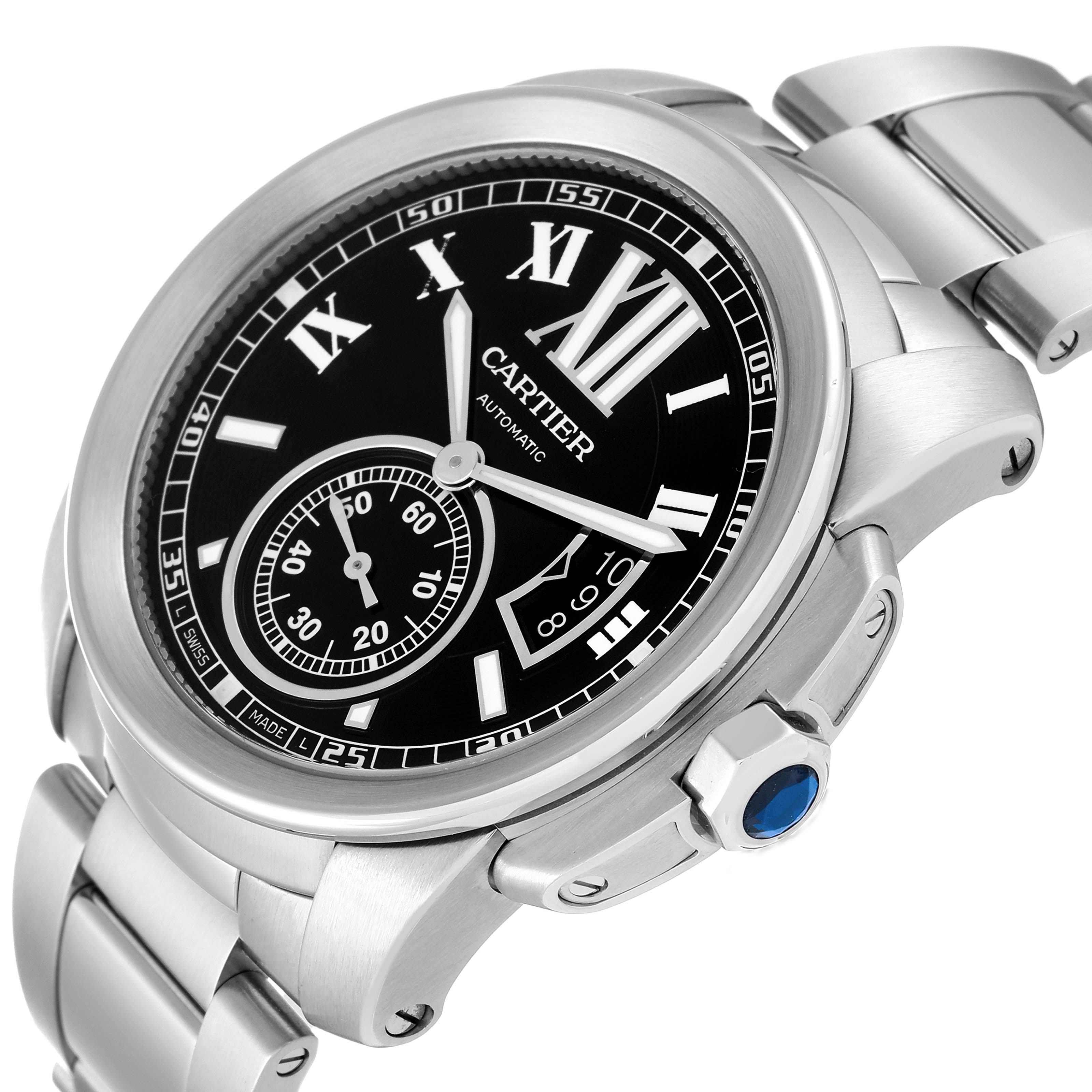 This image shows a close-up view of the Calibre de Cartier watch by Cartier, highlighting the face, bezel, and part of the bracelet.