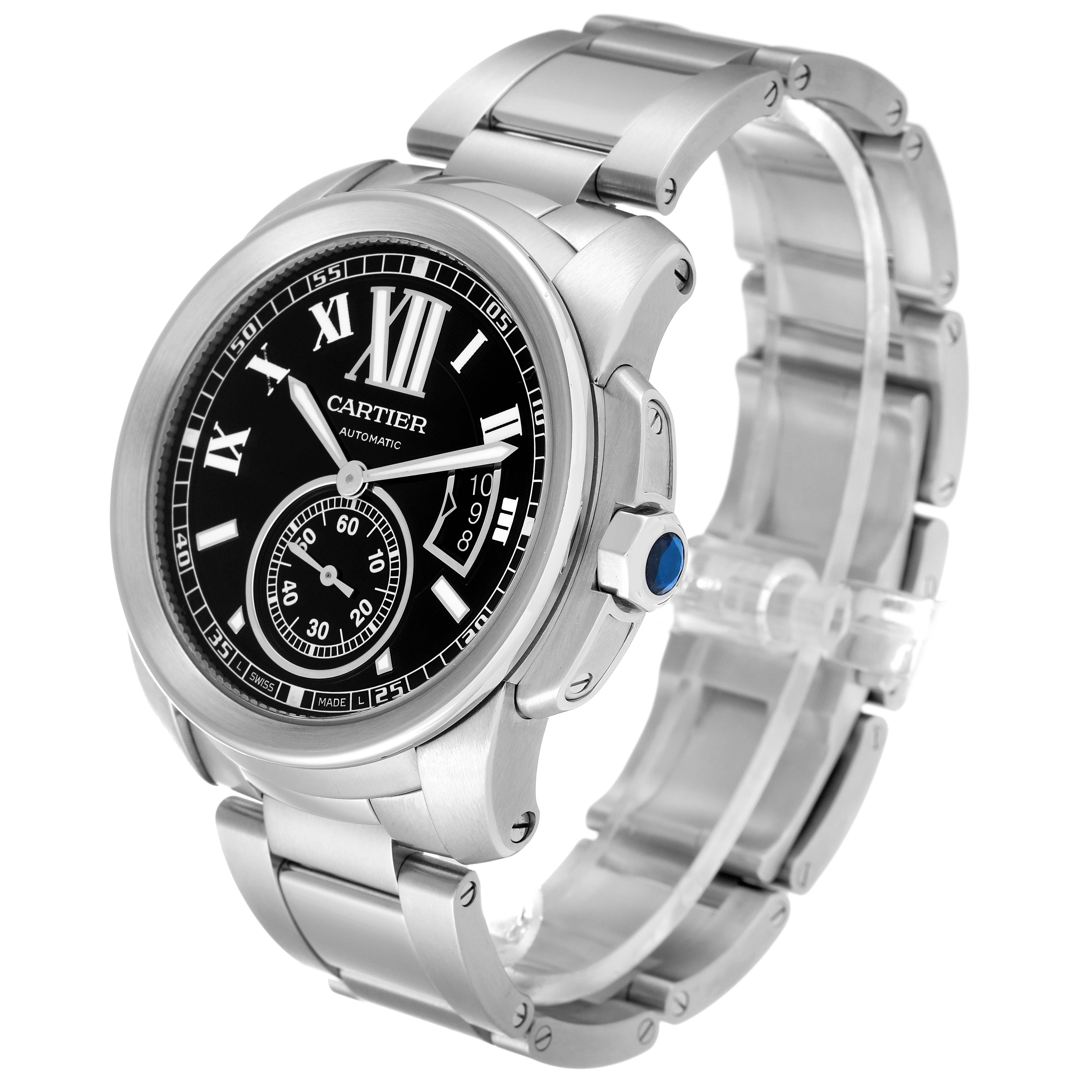 This image displays a Calibre de Cartier watch by Cartier at a three-quarter angle, showing the dial, bezel, and part of the bracelet.