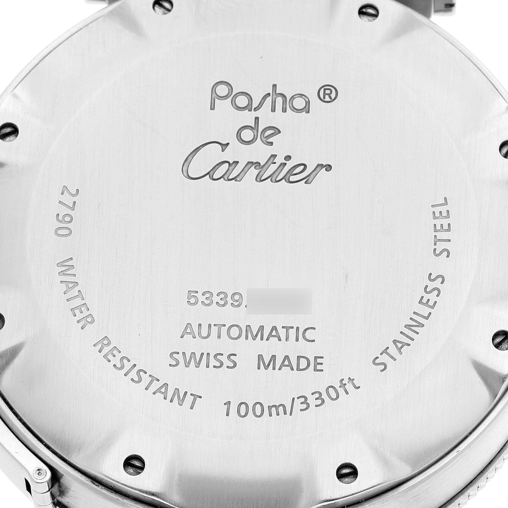 The image shows the back of a Cartier Pasha W31080M7 Men's Stainless Steel Silver Dial W31080M7 Men's Stainless Steel Silver Dial watch, displaying model information and specifications.