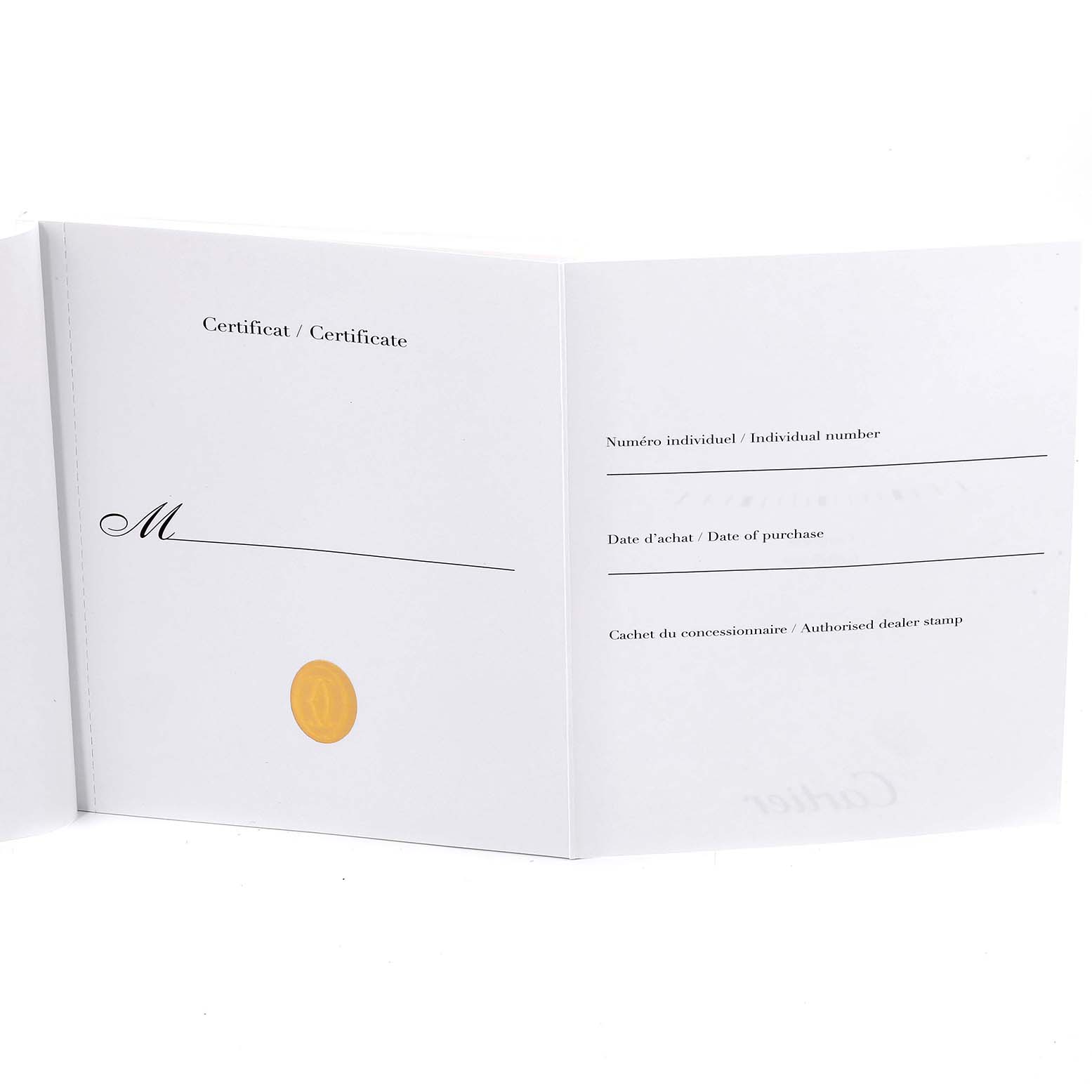 The image shows an open warranty certificate for the Cartier Pasha W31080M7 Men's Stainless Steel Silver Dial W31080M7 Men's Stainless Steel Silver Dial watch model.