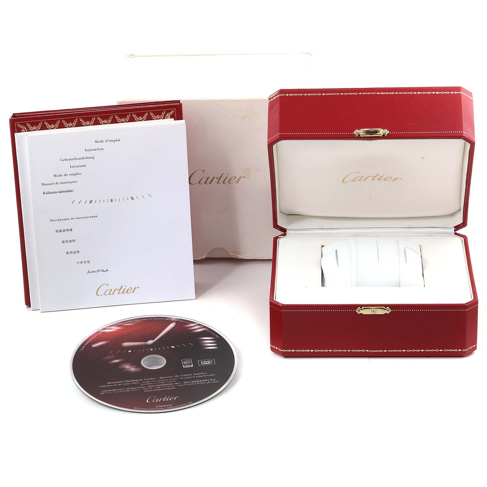 This image shows the accessories for a Cartier Pasha W31080M7 Men's Stainless Steel Silver Dial W31080M7 Men's Stainless Steel Silver Dial watch, including the case, user manuals, and a CD, viewed from the front.