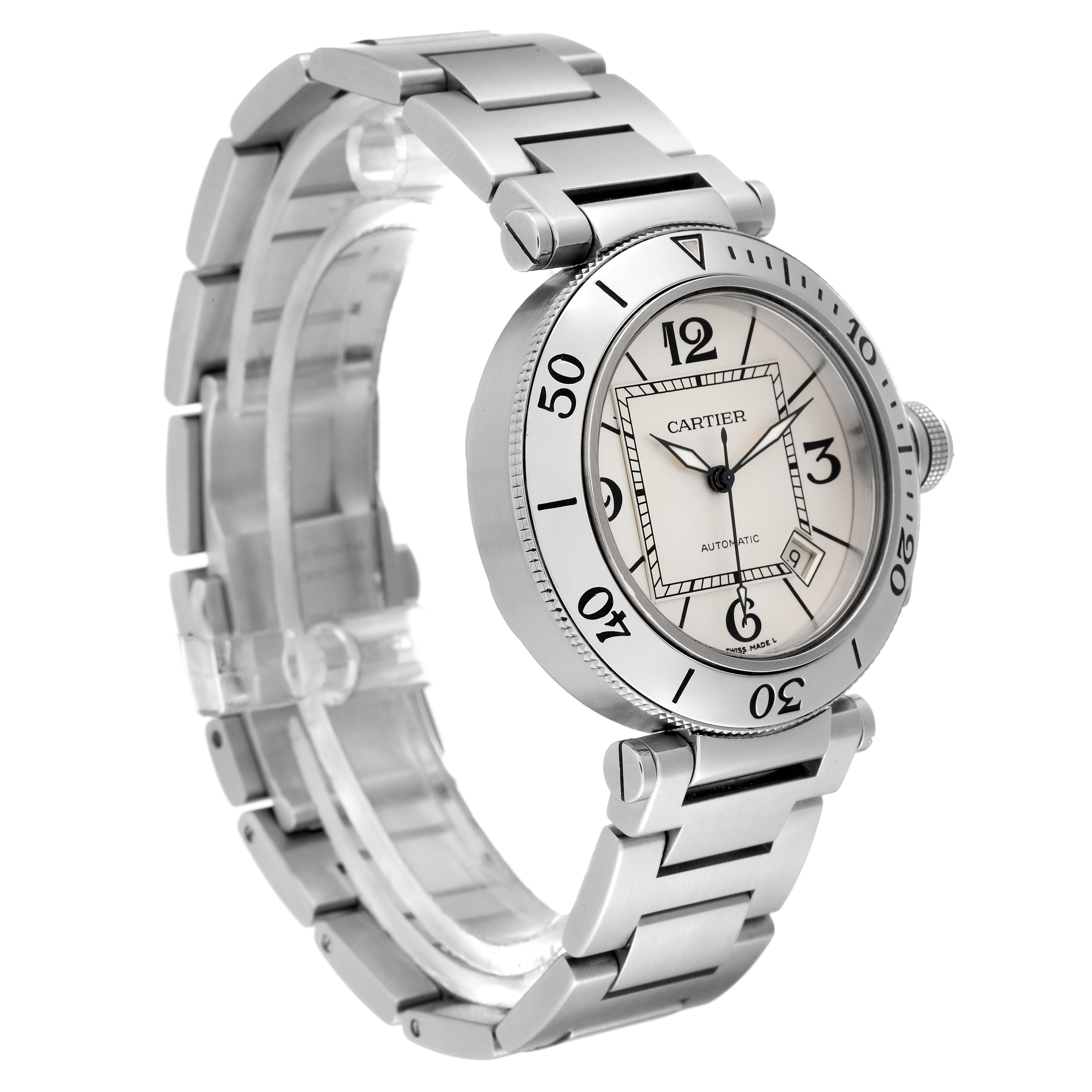 The image shows a Cartier Pasha W31080M7 Men's Stainless Steel Silver Dial W31080M7 Men's Stainless Steel Silver Dial watch at an angle showcasing its face, bezel, bracelet, and crown.